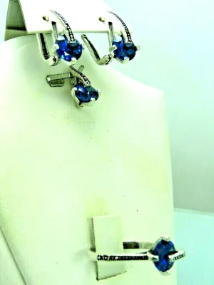 Turkish Handmade Jewelry 925 Sterling Silver Sapphire Stone Women's Earrings, Pendant & Ring Jewelry Set