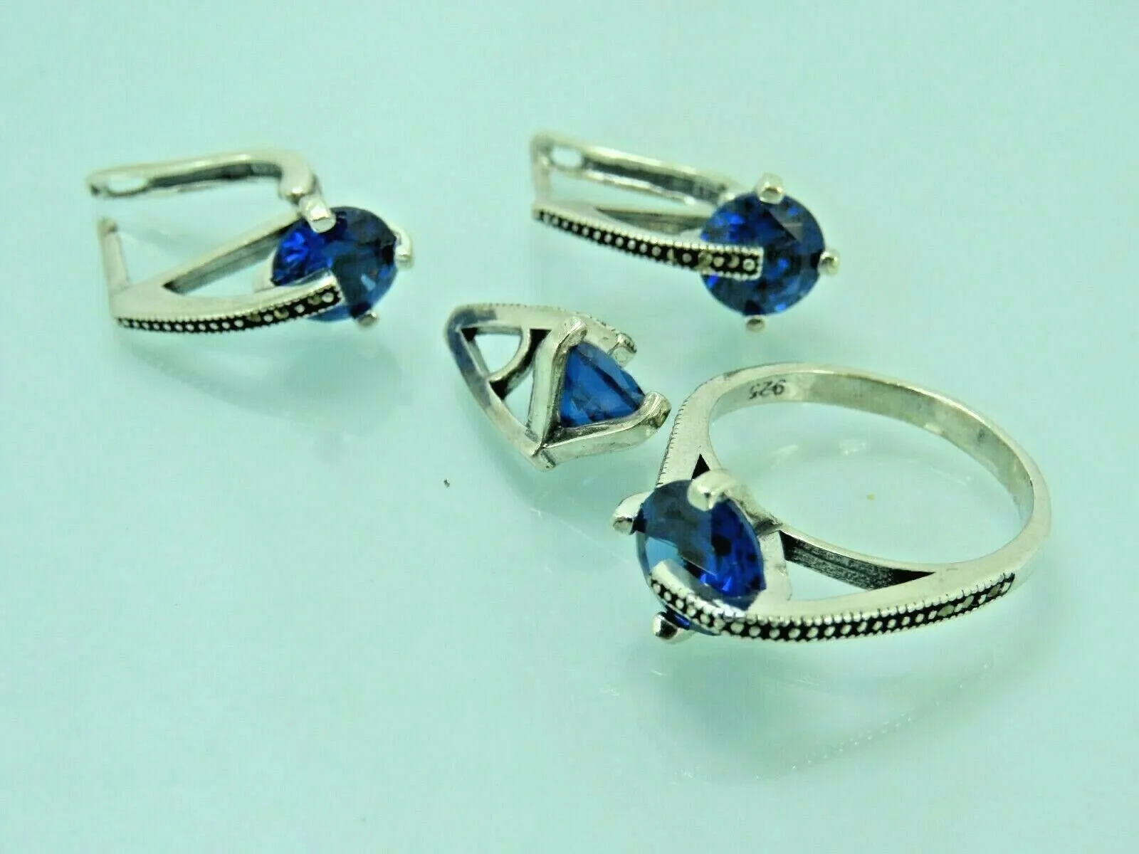 Turkish Handmade Jewelry 925 Sterling Silver Sapphire Stone Women's Earrings, Pendant & Ring Jewelry Set