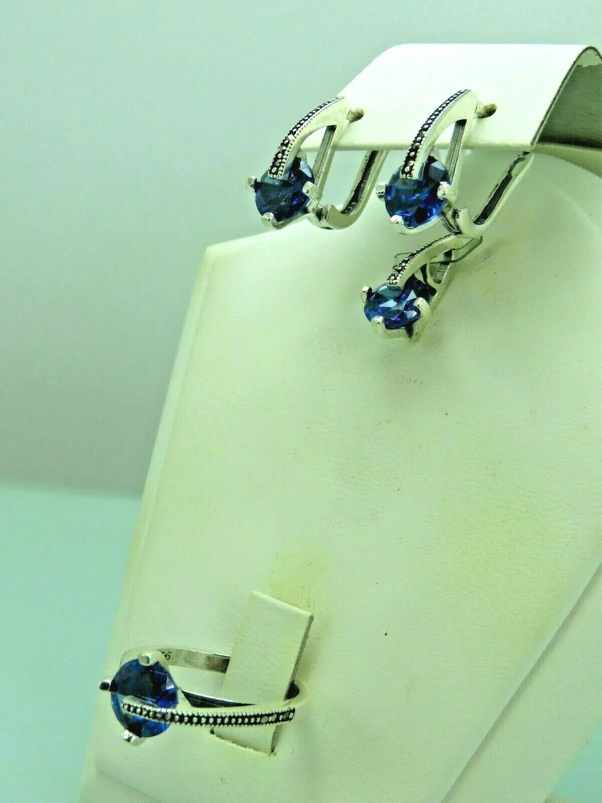 Turkish Handmade Jewelry 925 Sterling Silver Sapphire Stone Women's Earrings, Pendant & Ring Jewelry Set