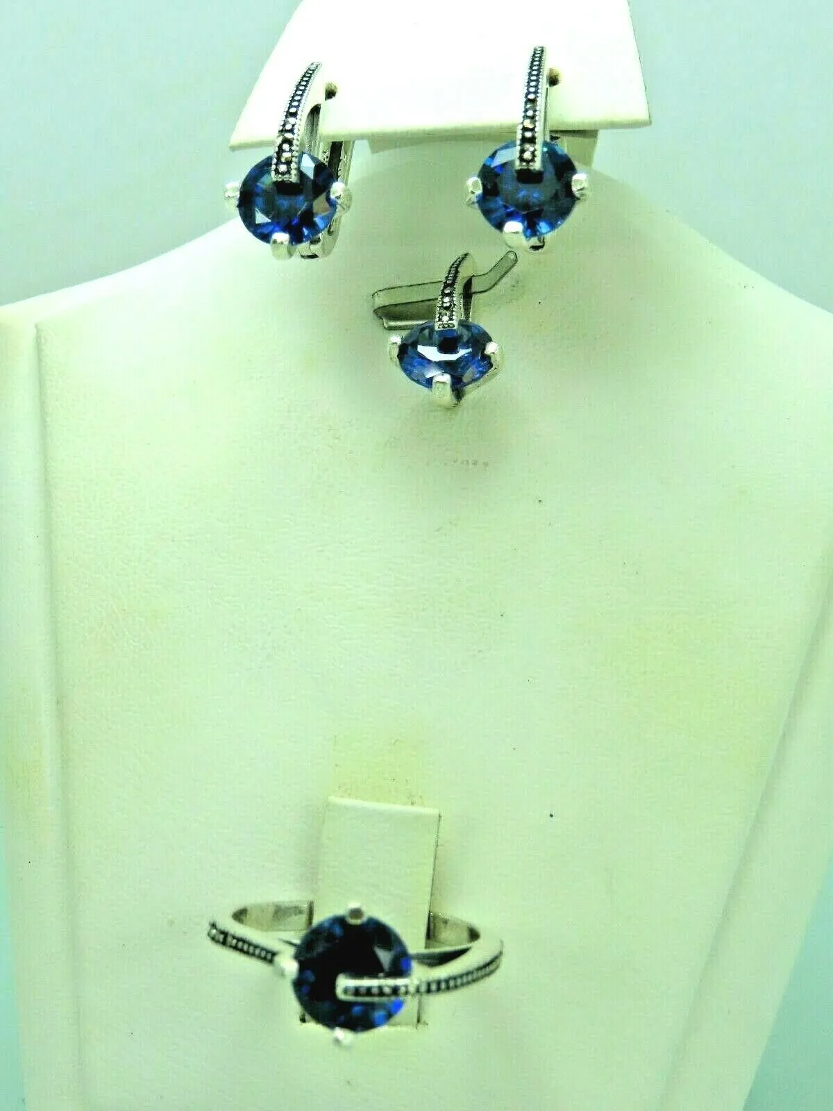 Turkish Handmade Jewelry 925 Sterling Silver Sapphire Stone Women's Earrings, Pendant & Ring Jewelry Set