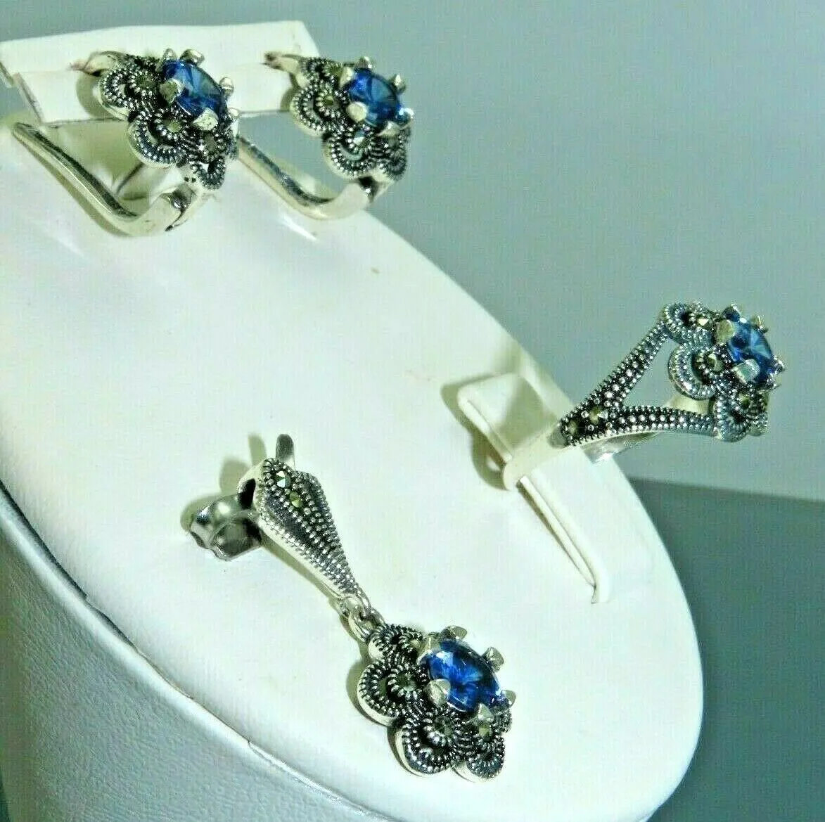 Turkish Handmade Jewelry 925 Sterling Silver Sapphire Stone Women's Earrings, Pendant & Ring Jewelry Set