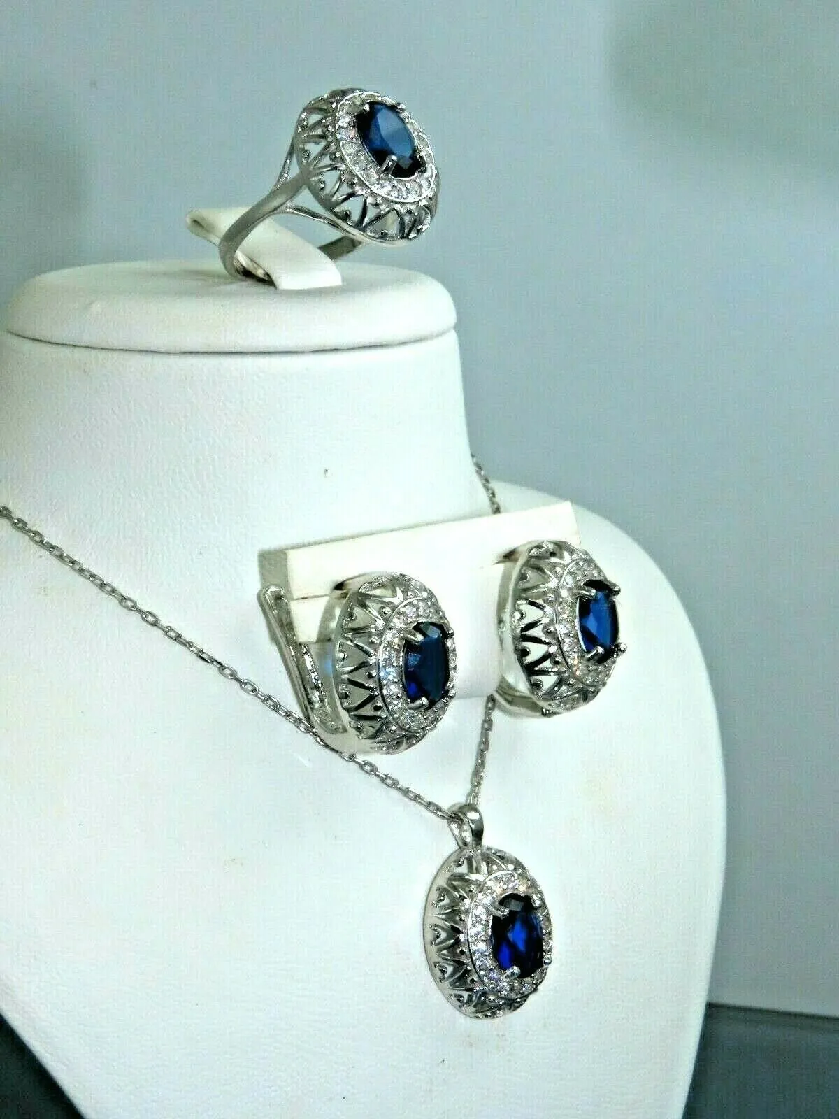 Turkish Handmade Jewelry 925 Sterling Silver Sapphire Stone Women's Earrings, Pendant & Ring Jewelry Set