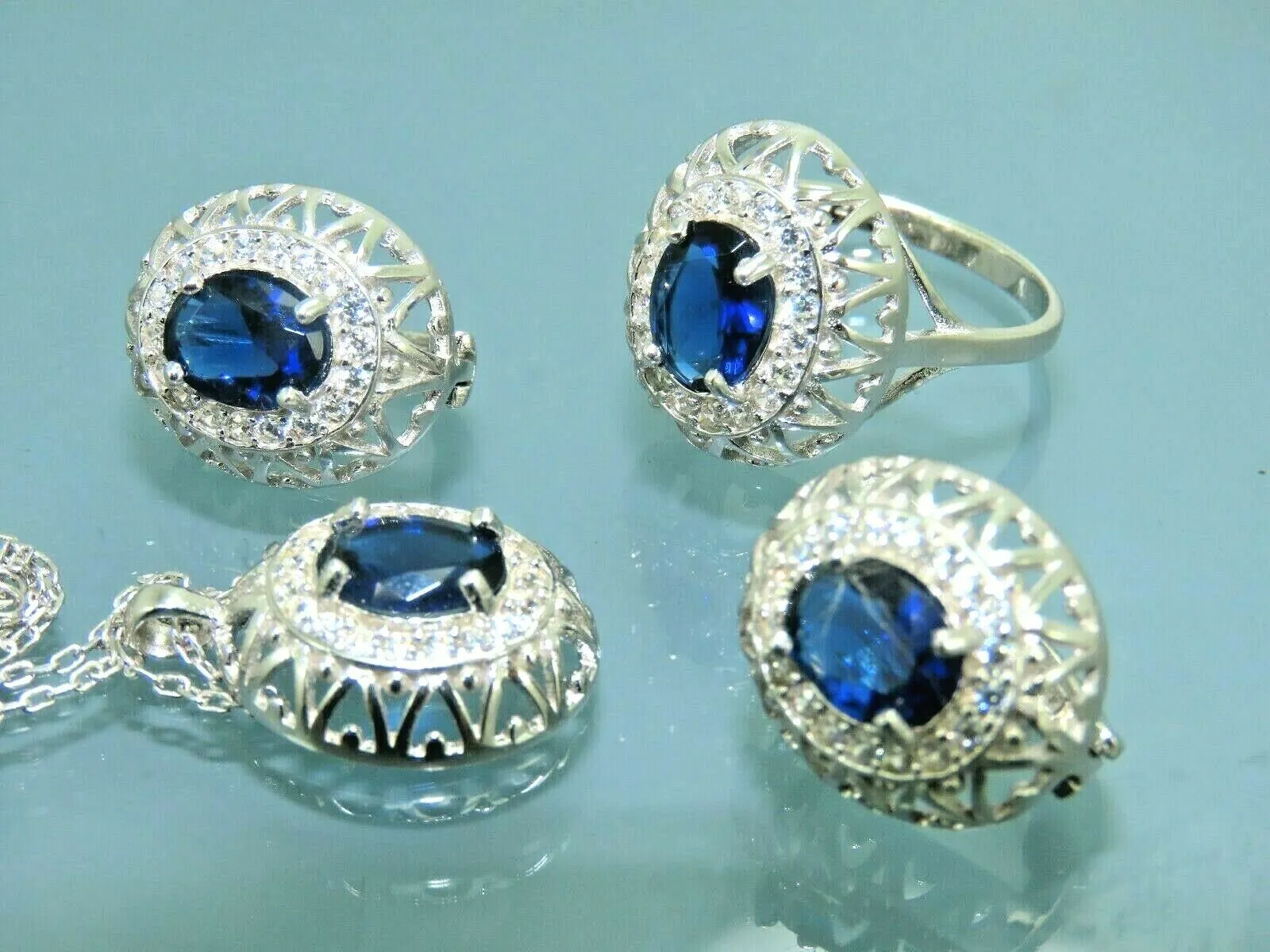 Turkish Handmade Jewelry 925 Sterling Silver Sapphire Stone Women's Earrings, Pendant & Ring Jewelry Set