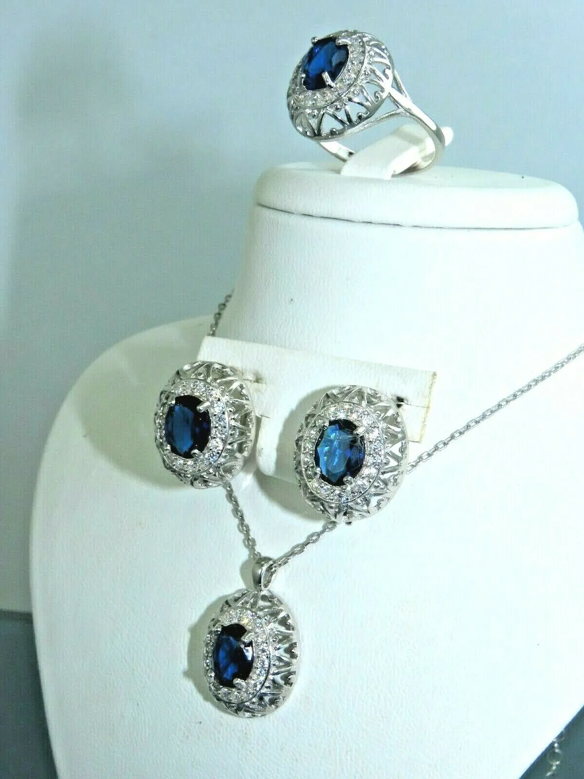 Turkish Handmade Jewelry 925 Sterling Silver Sapphire Stone Women's Earrings, Pendant & Ring Jewelry Set