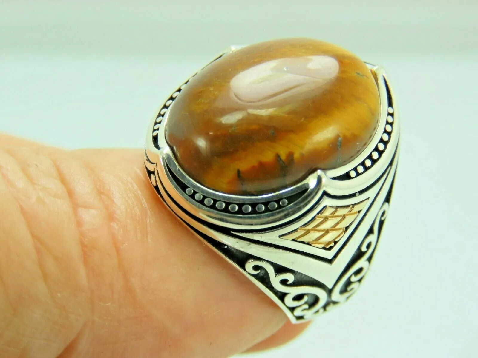 Turkish Handmade Jewelry 925 Sterling Silver Tiger's Eye Stone Mens Rings
