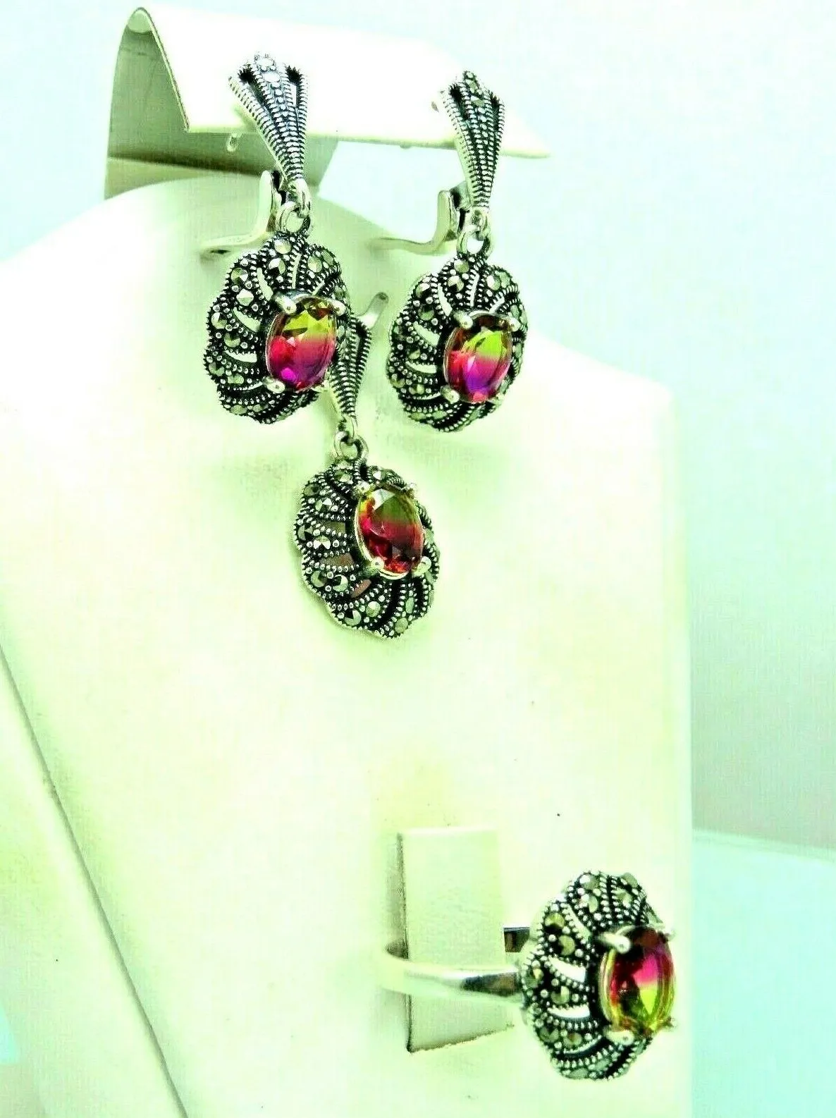 Turkish Handmade Jewelry 925 Sterling Silver Tourmaline Stone Women's Earrings, Pendant & Ring Jewelry Set