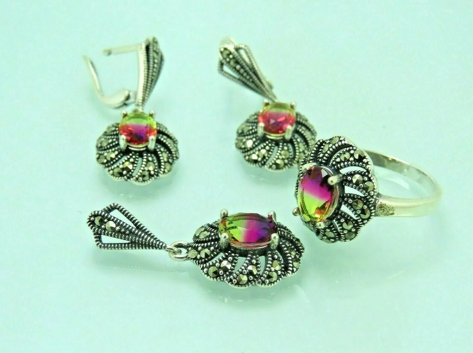 Turkish Handmade Jewelry 925 Sterling Silver Tourmaline Stone Women's Earrings, Pendant & Ring Jewelry Set