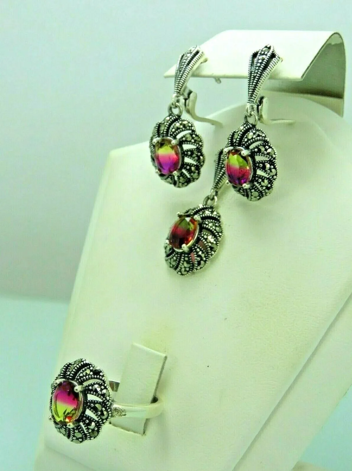 Turkish Handmade Jewelry 925 Sterling Silver Tourmaline Stone Women's Earrings, Pendant & Ring Jewelry Set