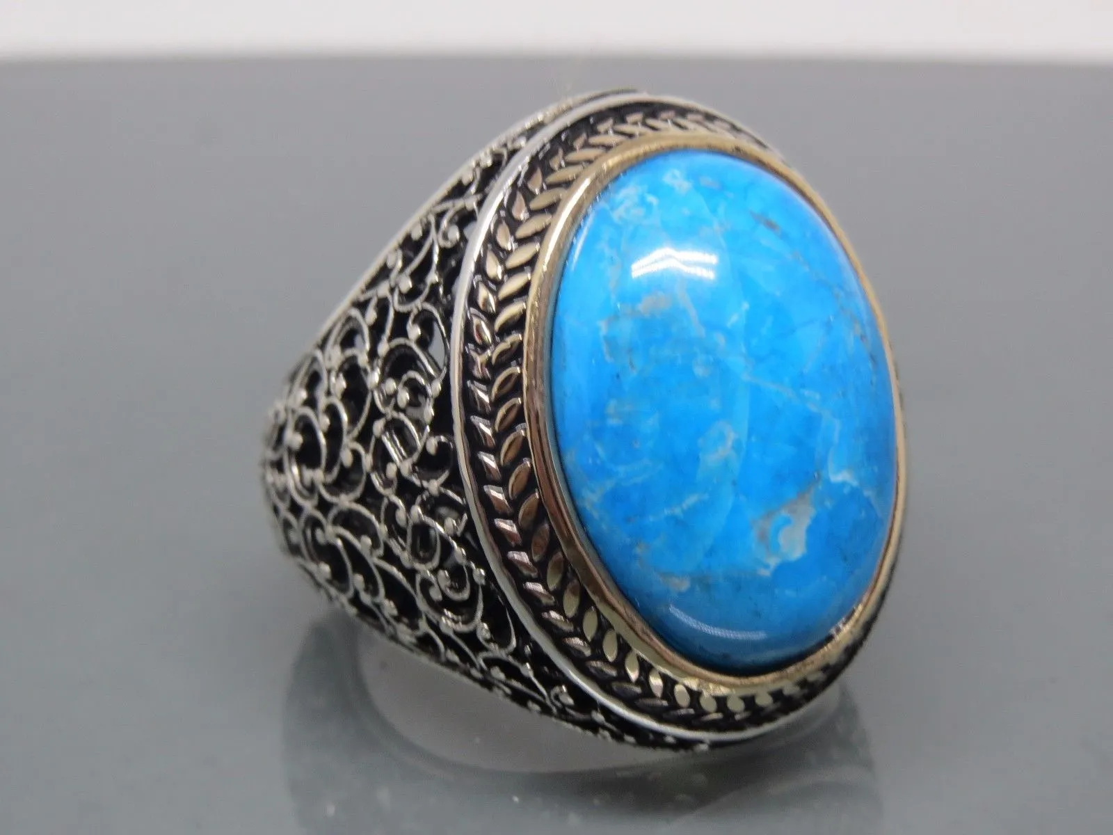 Turkish Handmade Jewelry 925 Sterling Silver Turquoise Stone Mens Rings
