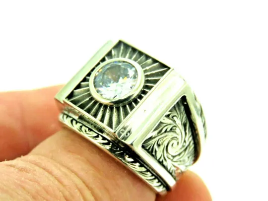 Turkish Handmade Jewelry 925 Sterling Silver Zircon Stone Men's Rings