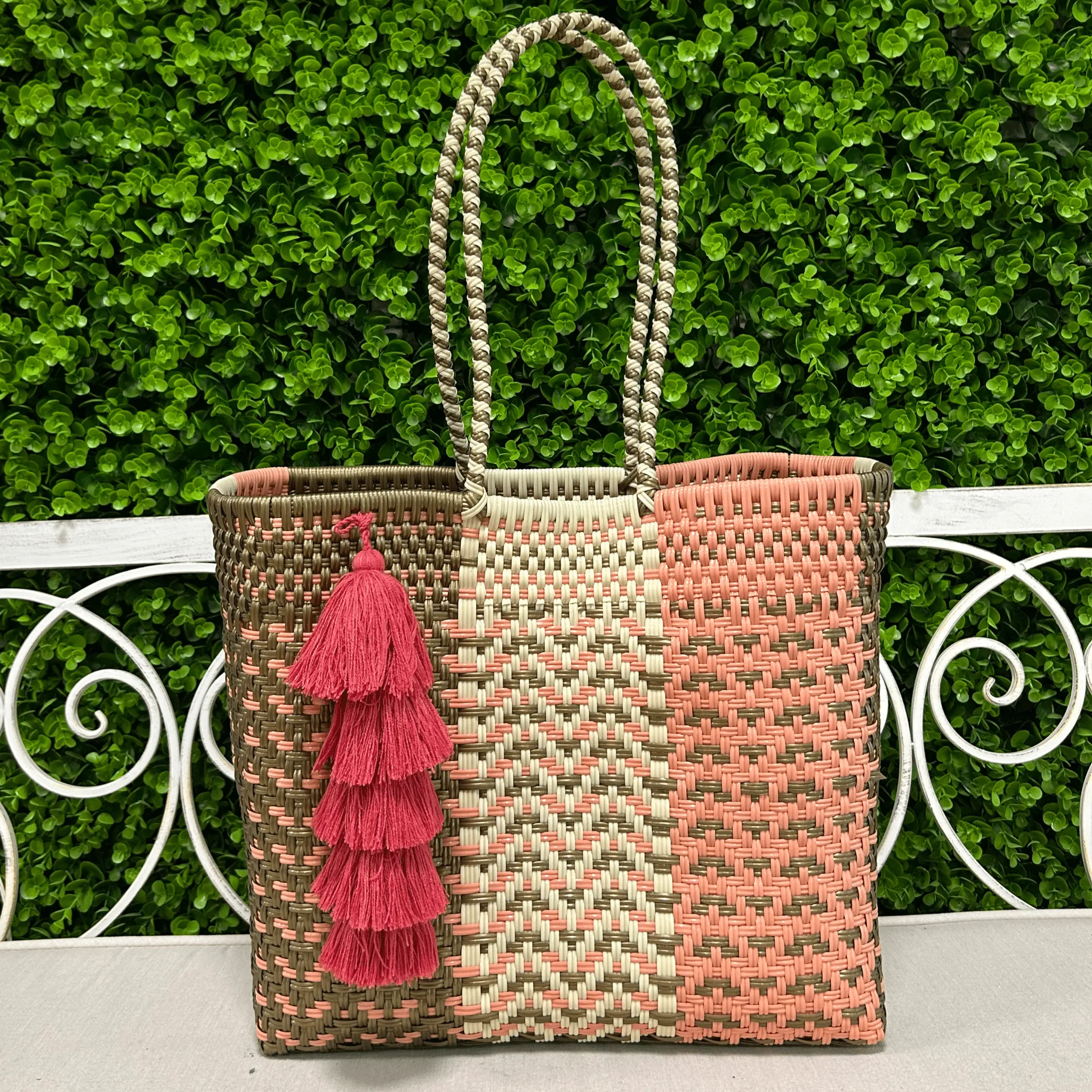 Upcycled Handwoven MD Basket Tote - Rose
