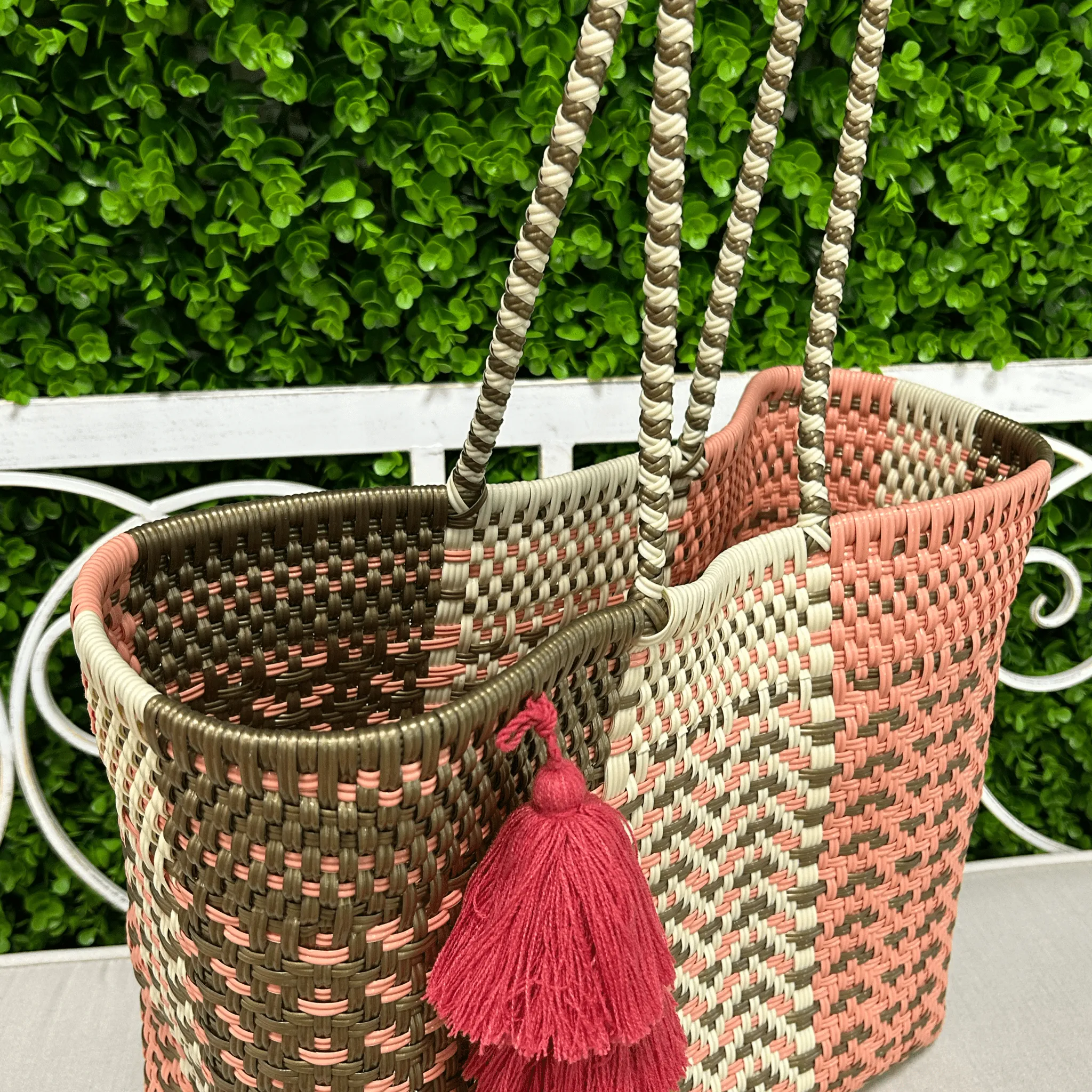 Upcycled Handwoven MD Basket Tote - Rose