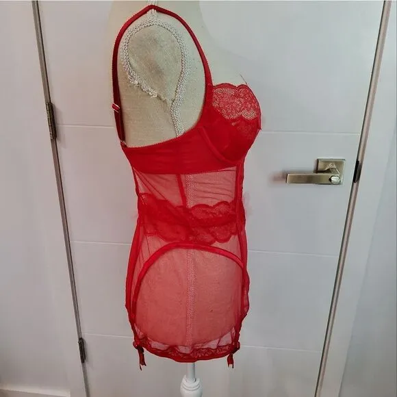 Victoria's Secret Red Lace Unlined Corset Teddy Size 36C