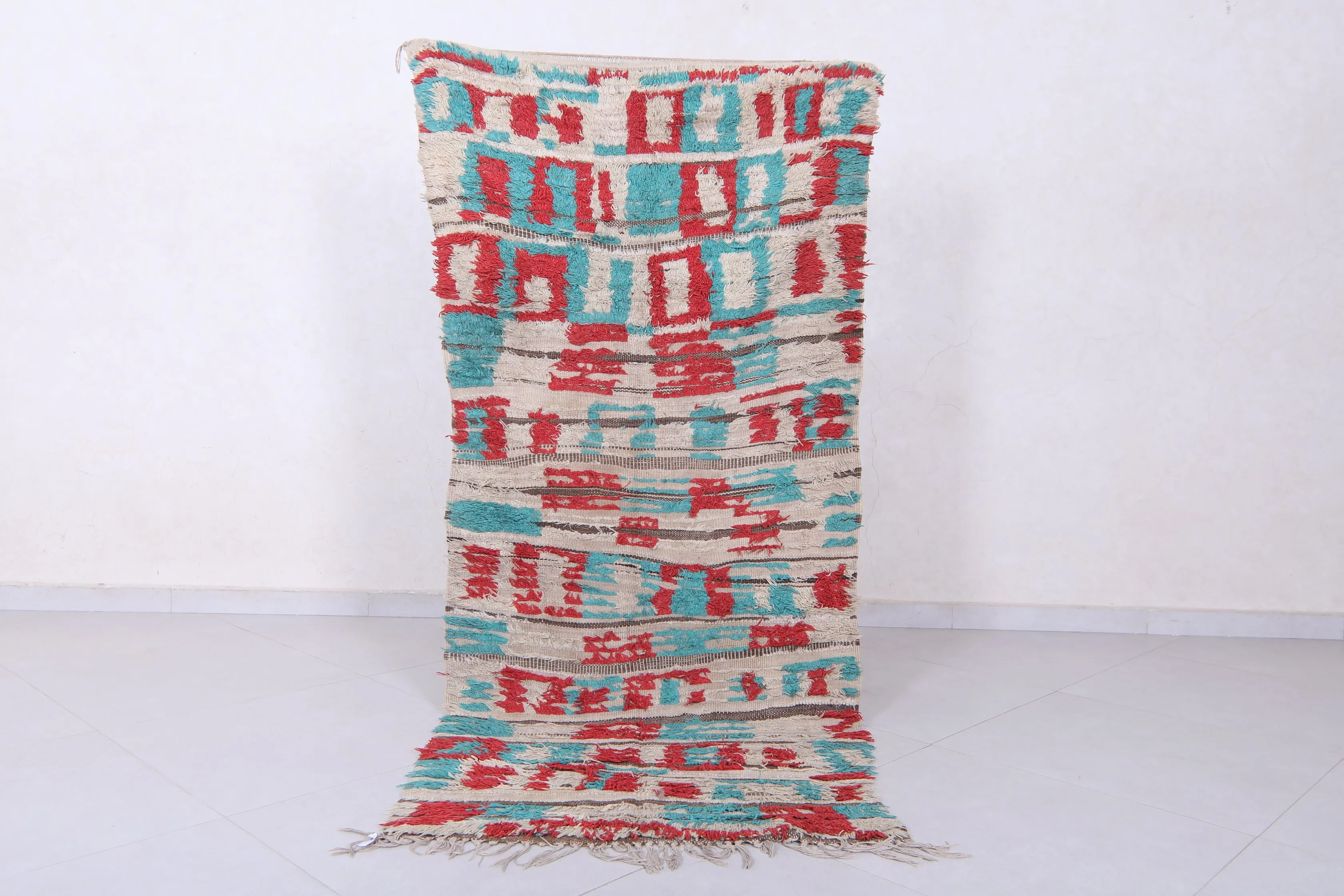 Vintage Handmade Moroccan Rug – Geometric Red & Teal Design 2.9 x 6.7 ft