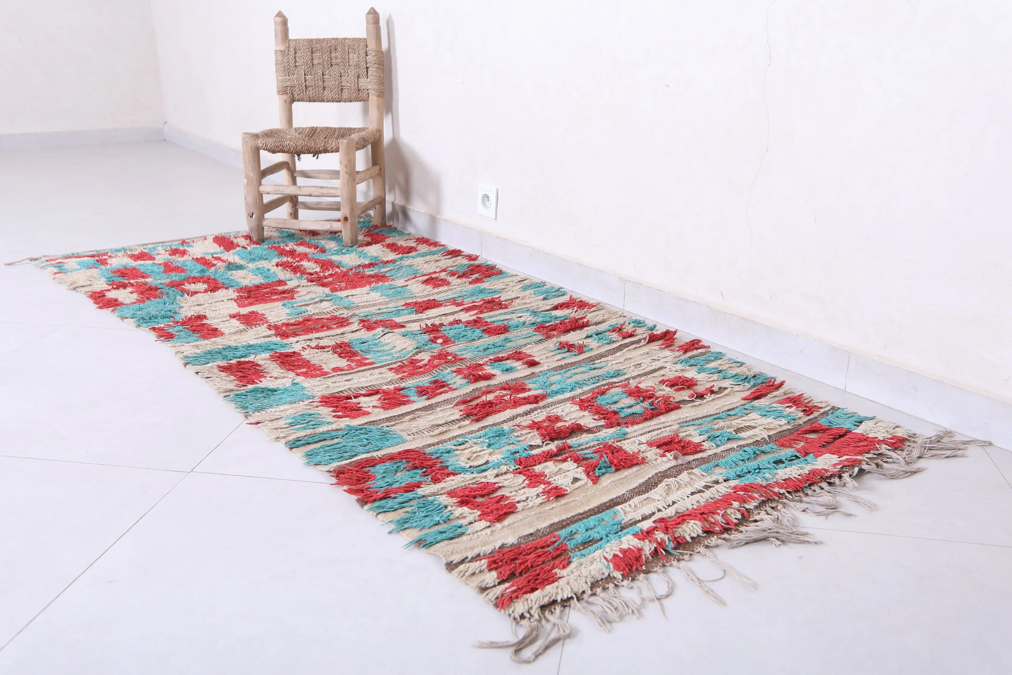 Vintage Handmade Moroccan Rug – Geometric Red & Teal Design 2.9 x 6.7 ft