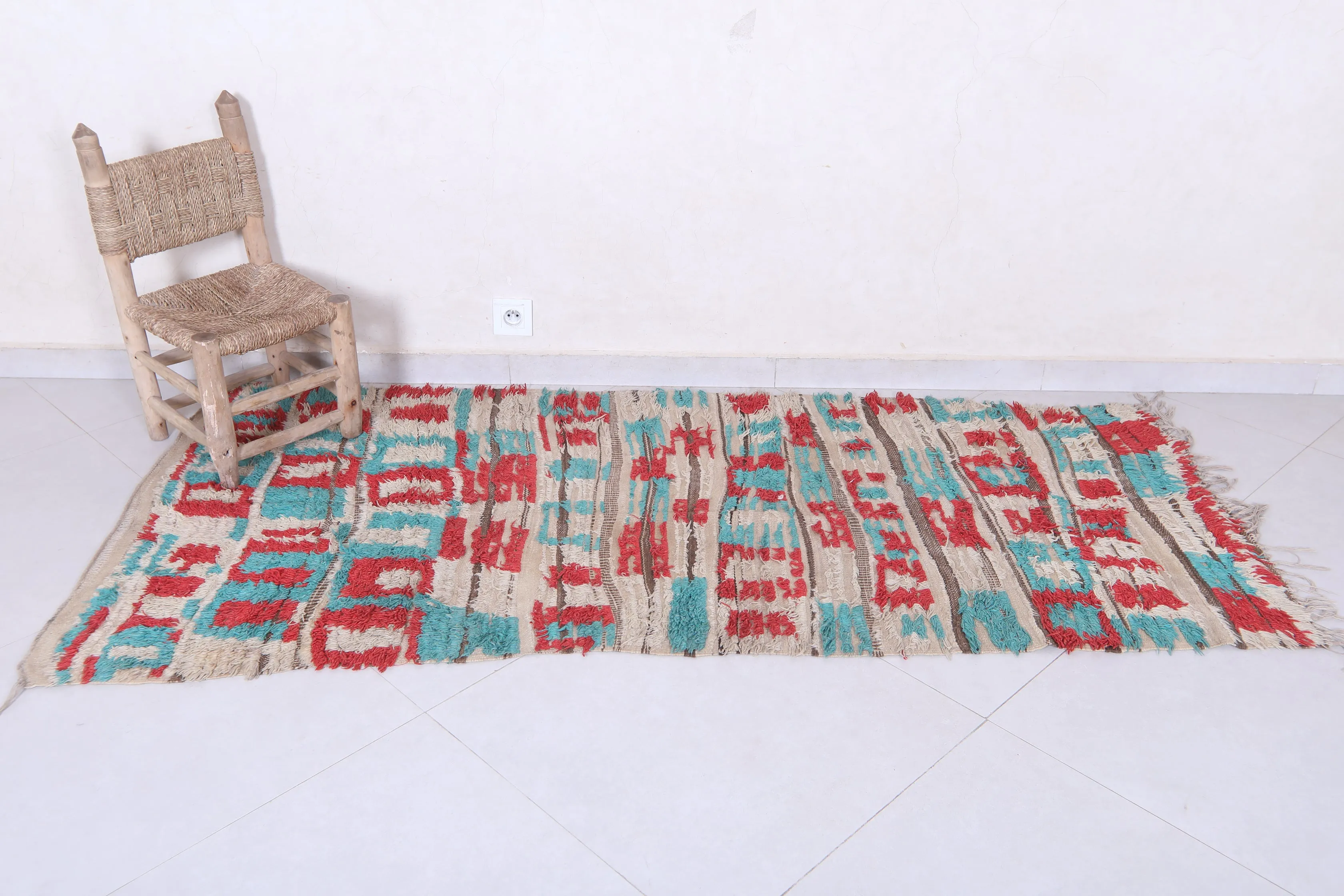 Vintage Handmade Moroccan Rug – Geometric Red & Teal Design 2.9 x 6.7 ft