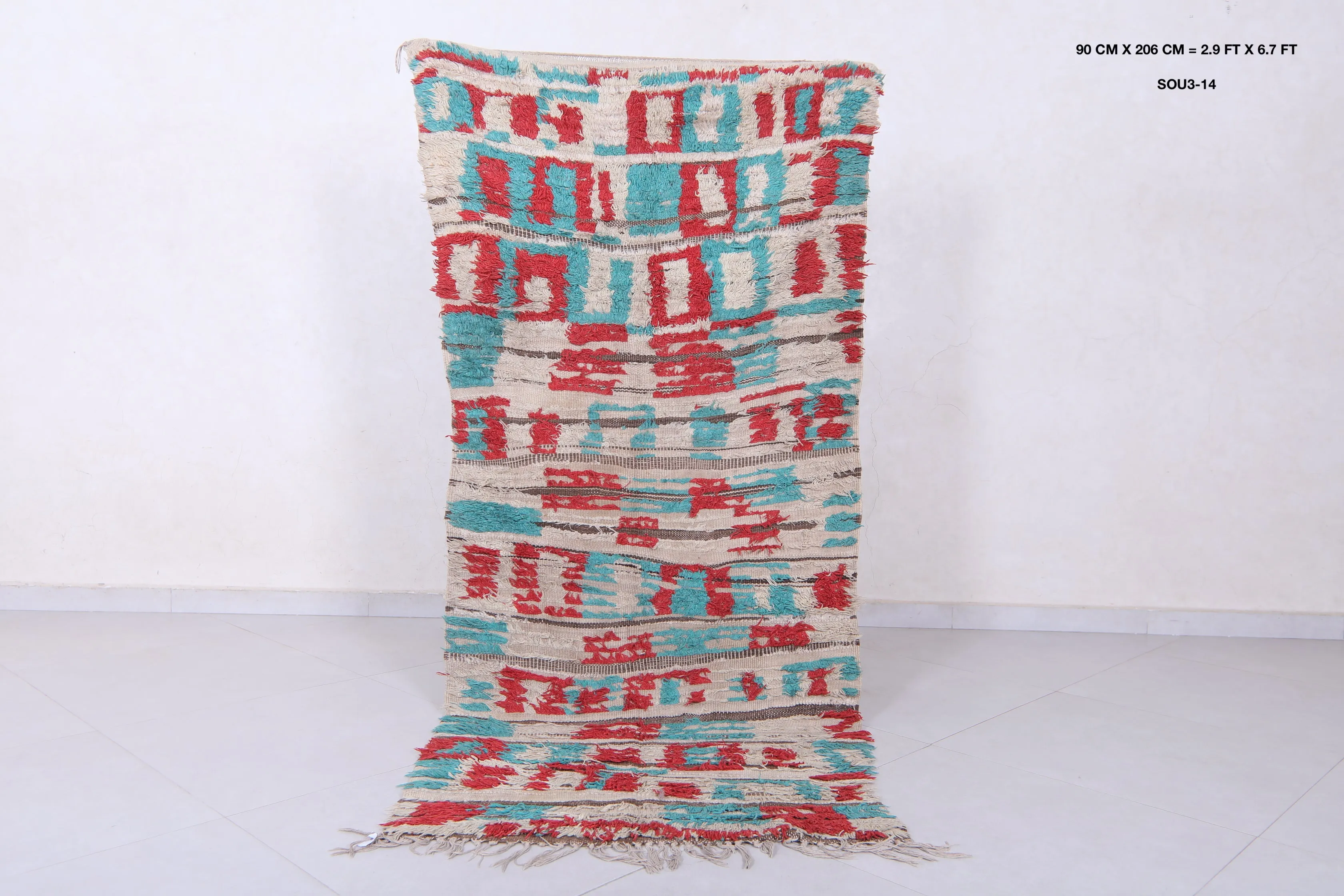 Vintage Handmade Moroccan Rug – Geometric Red & Teal Design 2.9 x 6.7 ft