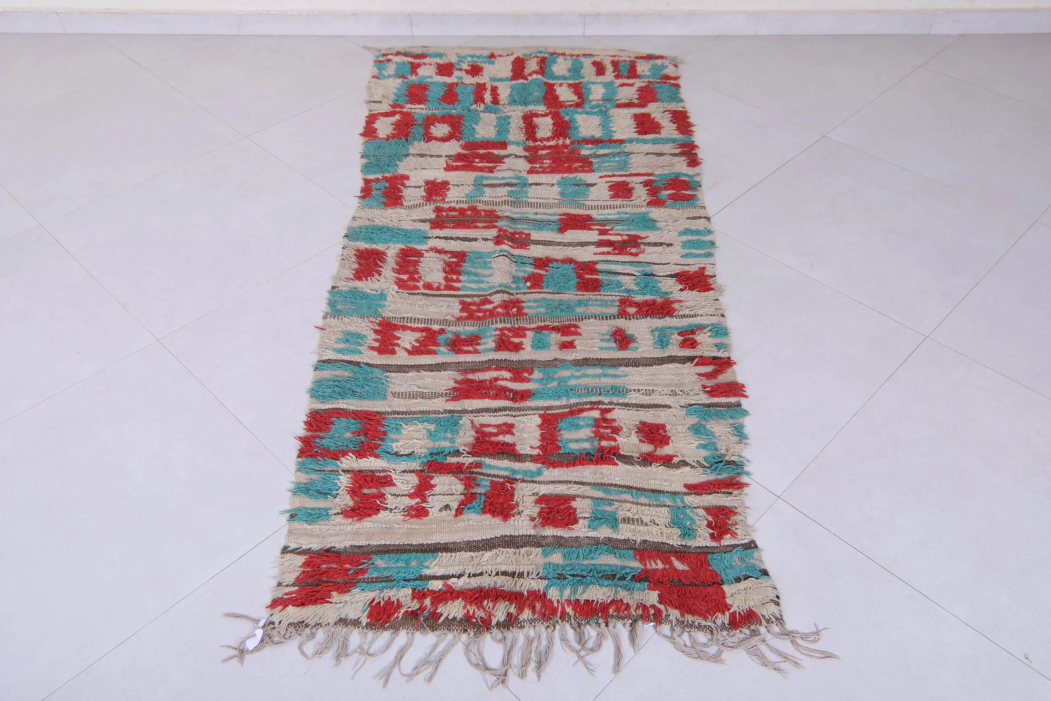 Vintage Handmade Moroccan Rug – Geometric Red & Teal Design 2.9 x 6.7 ft