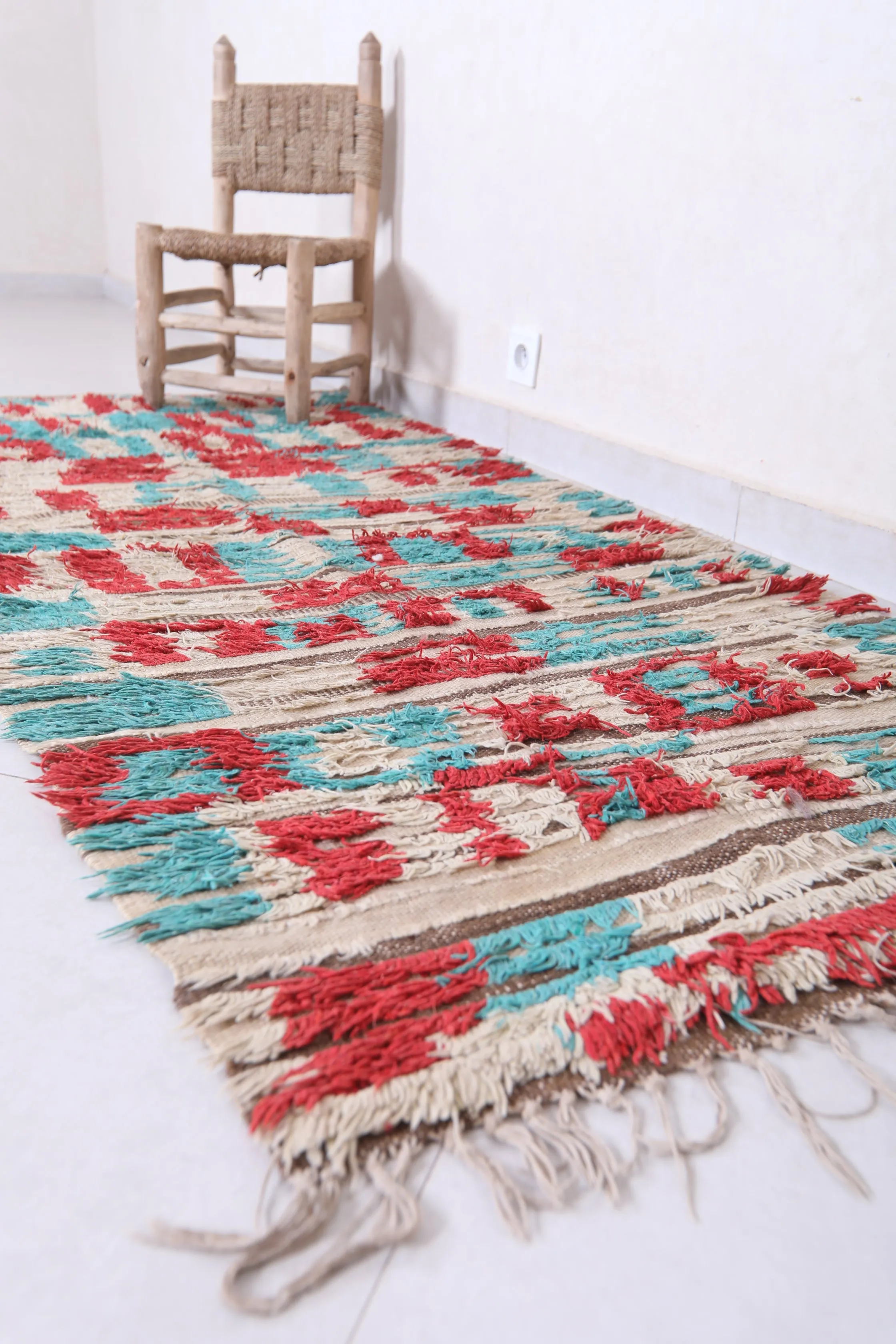 Vintage Handmade Moroccan Rug – Geometric Red & Teal Design 2.9 x 6.7 ft
