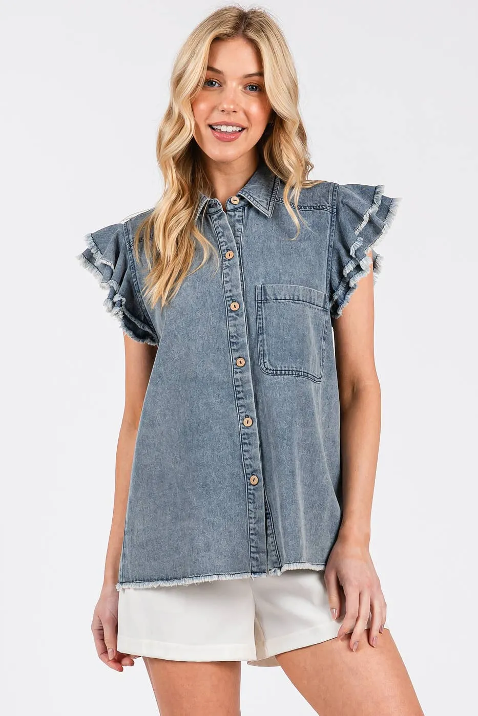 Washed Denim Ruffle Short Sleeve Collared Shirt