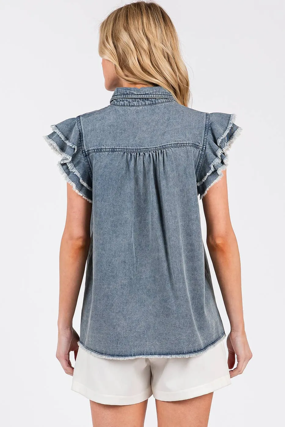 Washed Denim Ruffle Short Sleeve Collared Shirt