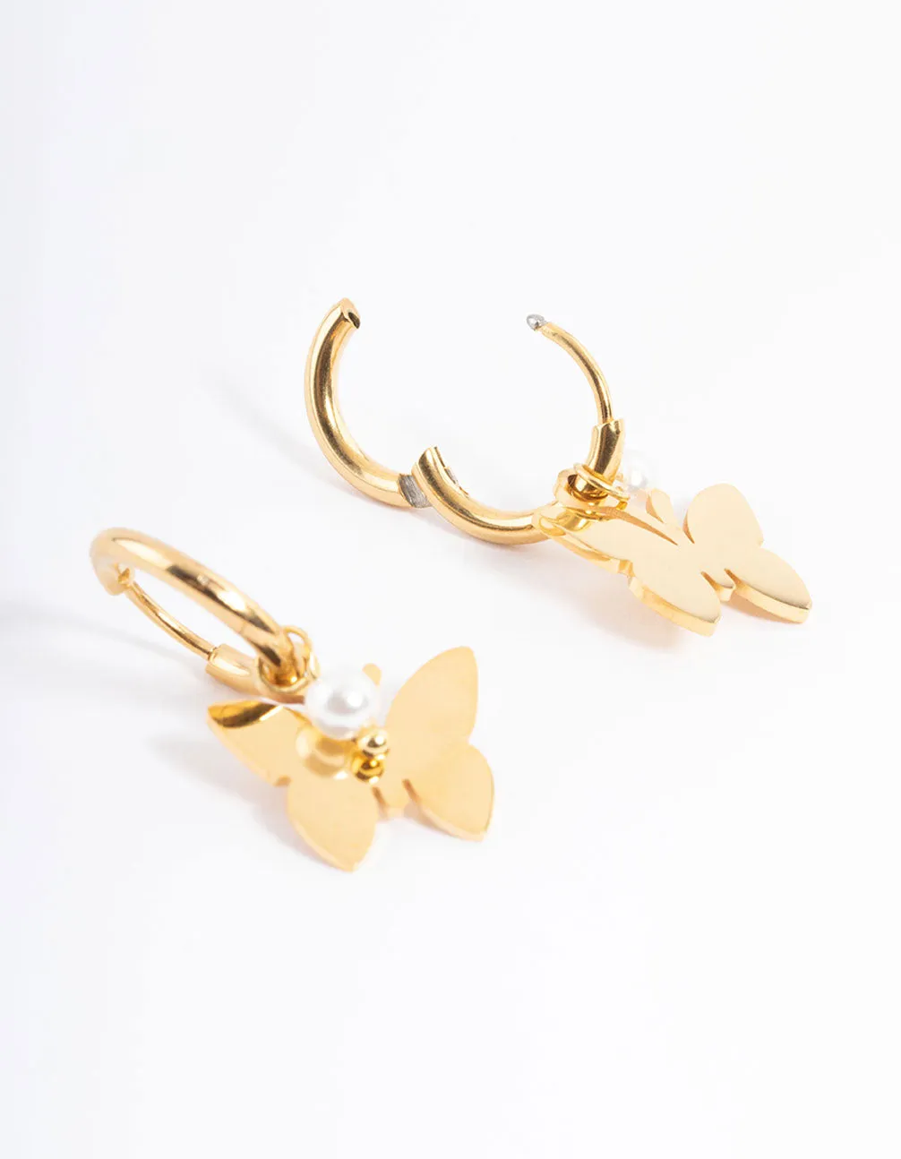 Waterproof Gold Plated Stainless Steel Butterfly Pearl Huggie Earrings