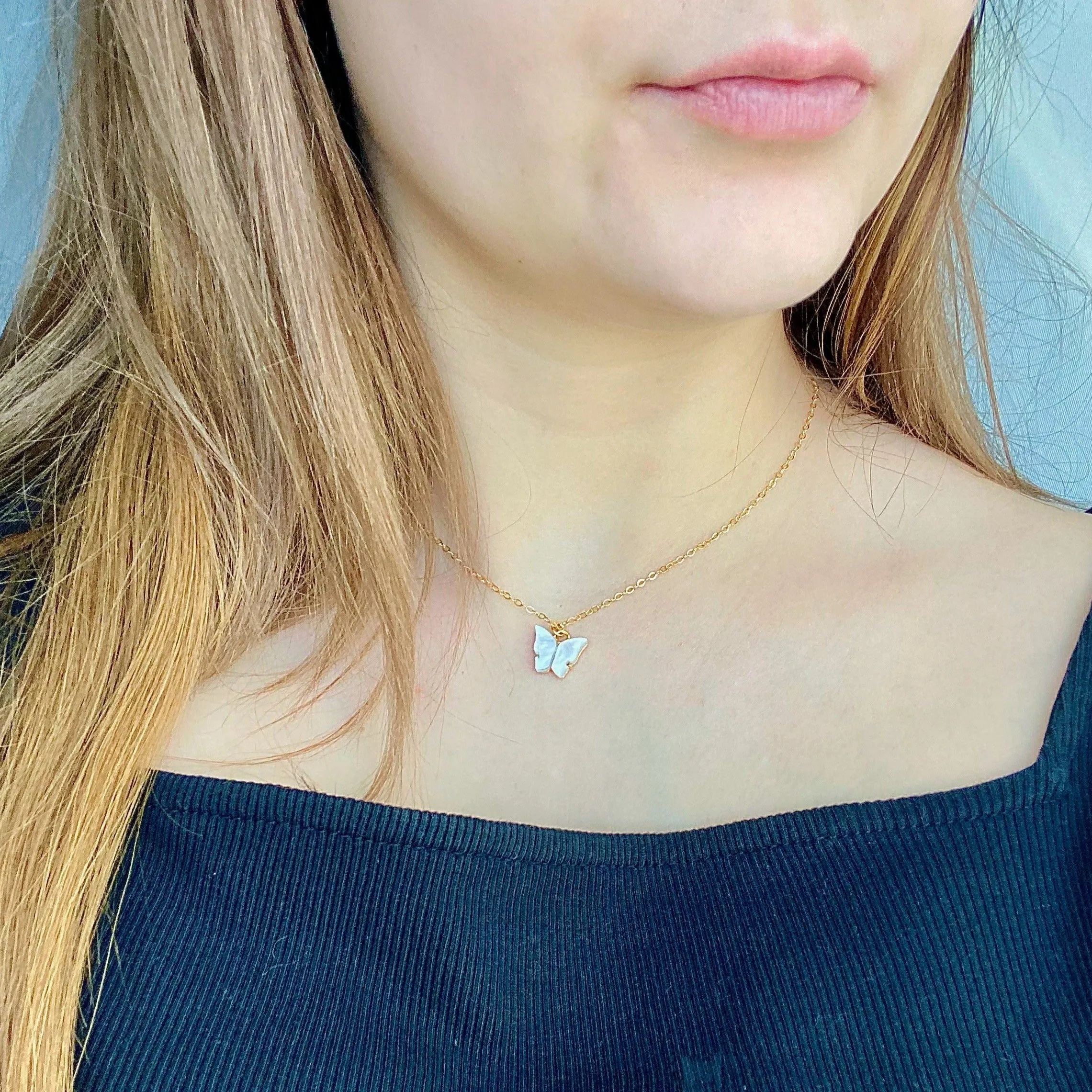 White Pearl Butterfly 14K Gold Necklace