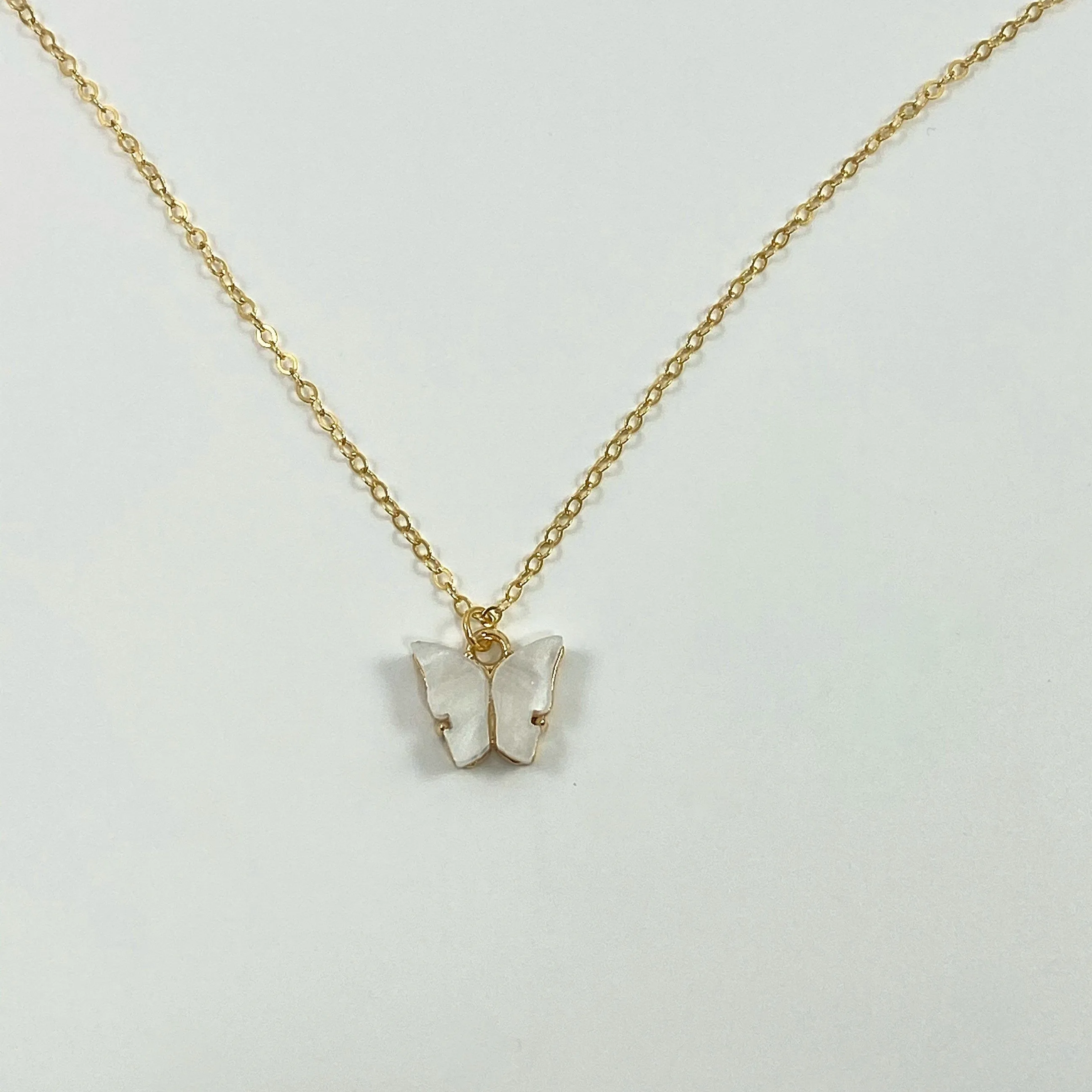 White Pearl Butterfly 14K Gold Necklace