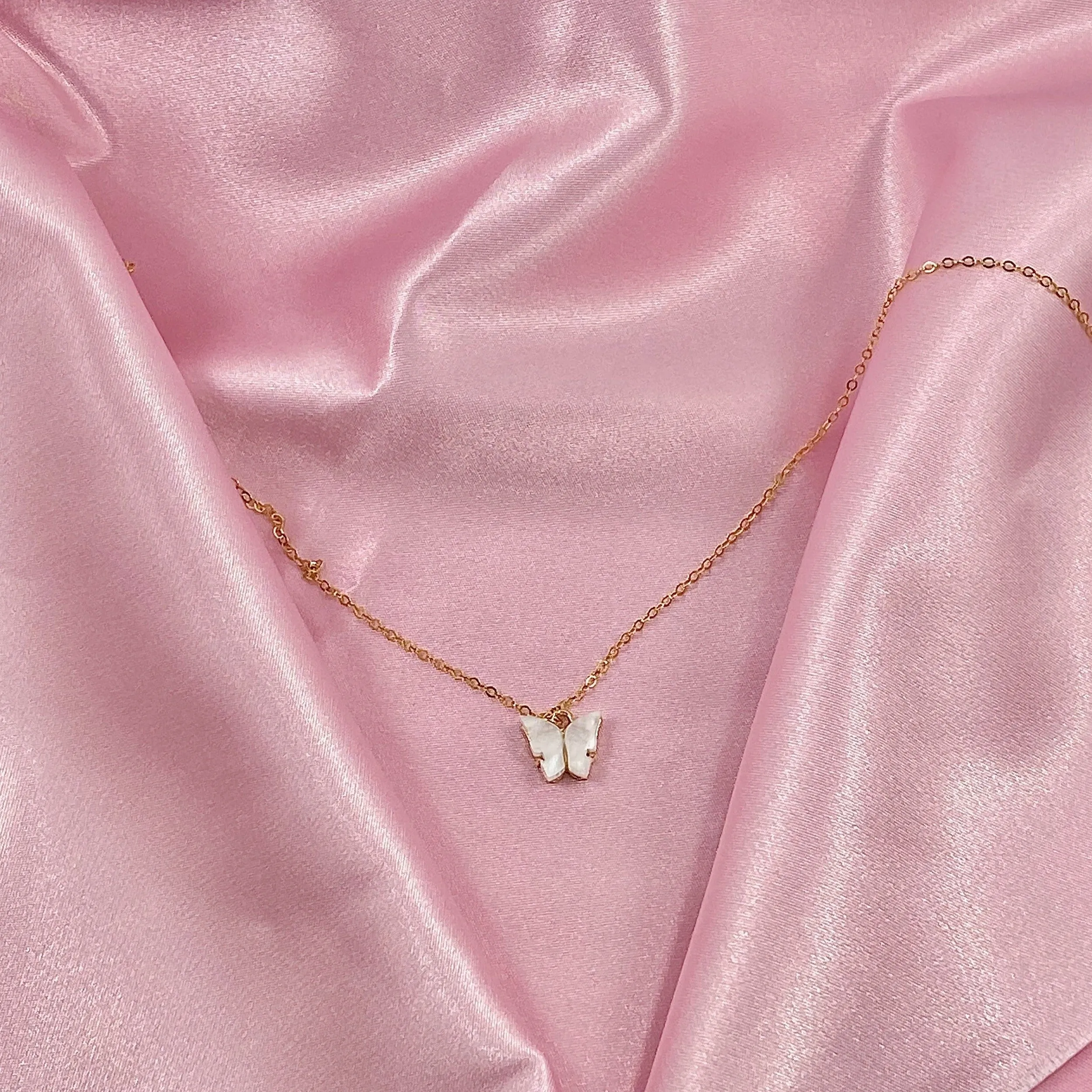White Pearl Butterfly 14K Gold Necklace