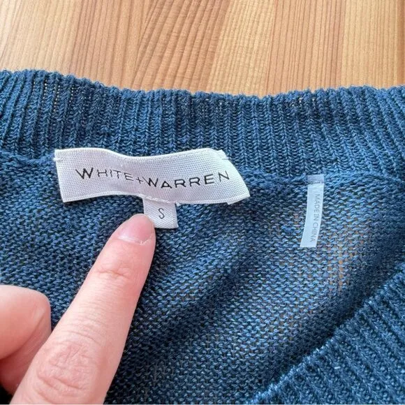 White   Warren 100% Linen Blue V Neck Sweater Lightweight Minimalist S
