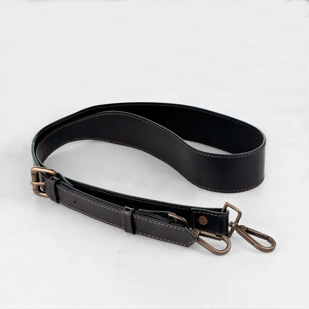 Wide Taper - Antique Brass Hardware and Italian Leather Black Shoulder Strap