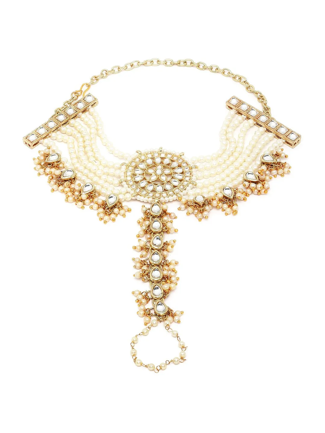 Women Gold-Toned & White Kundan Handcrafted Gold-Plated Hathphool
