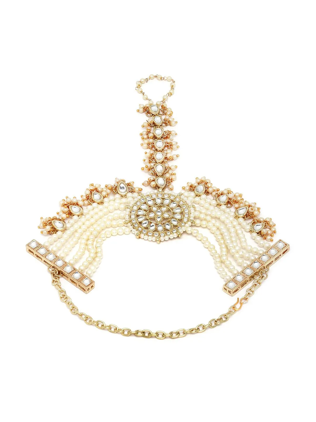 Women Gold-Toned & White Kundan Handcrafted Gold-Plated Hathphool
