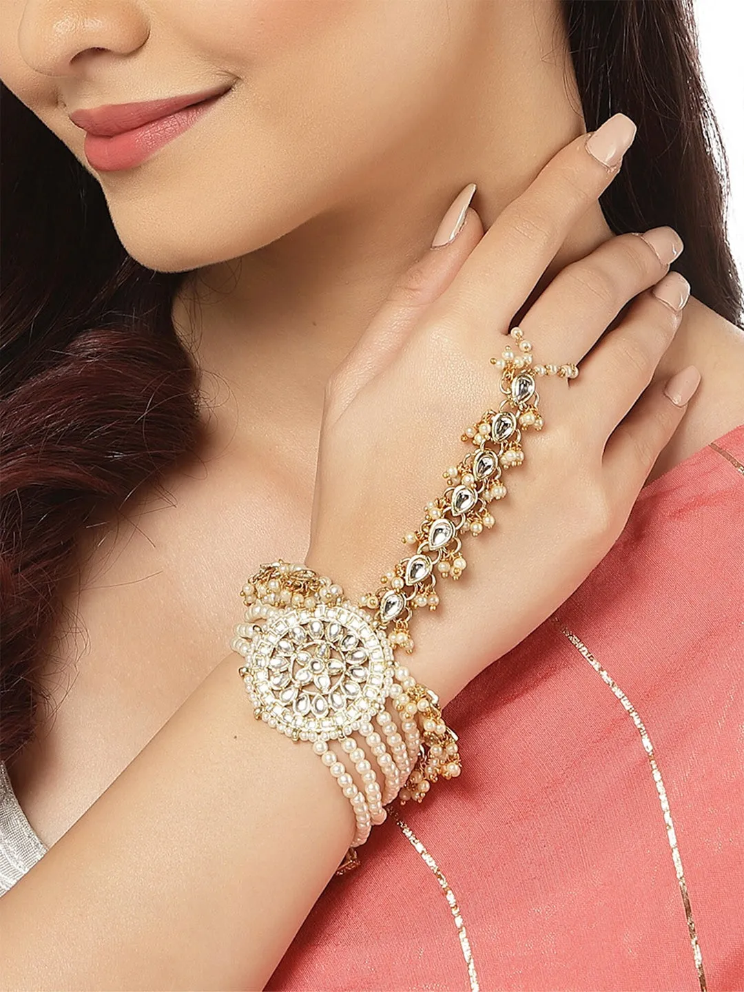 Women Gold-Toned & White Kundan Handcrafted Gold-Plated Hathphool