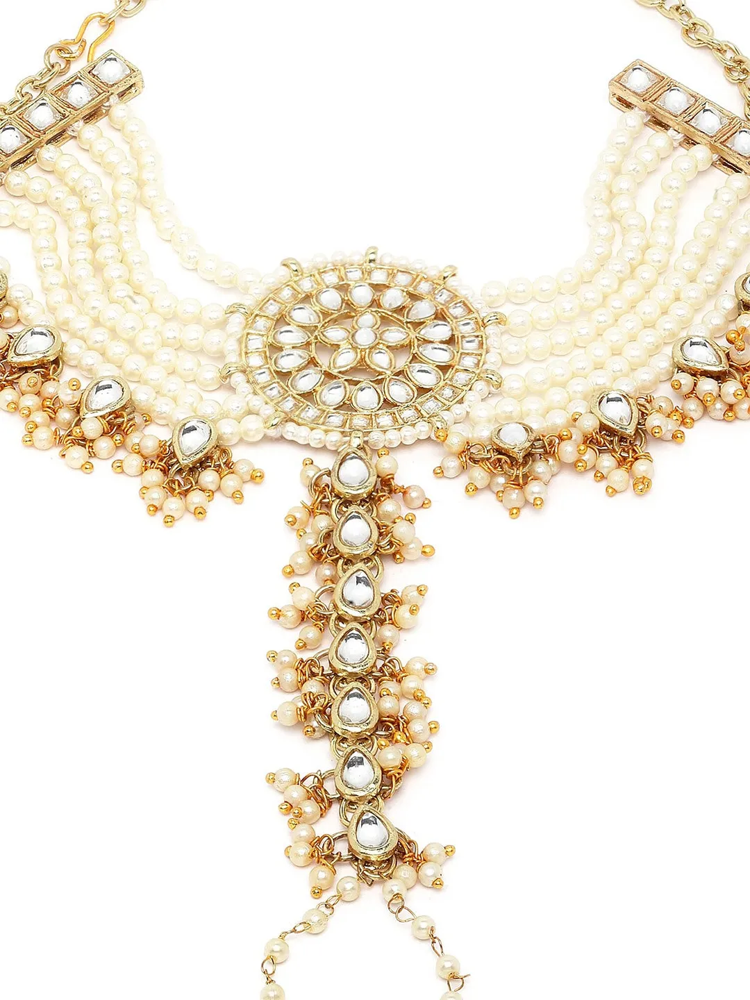 Women Gold-Toned & White Kundan Handcrafted Gold-Plated Hathphool