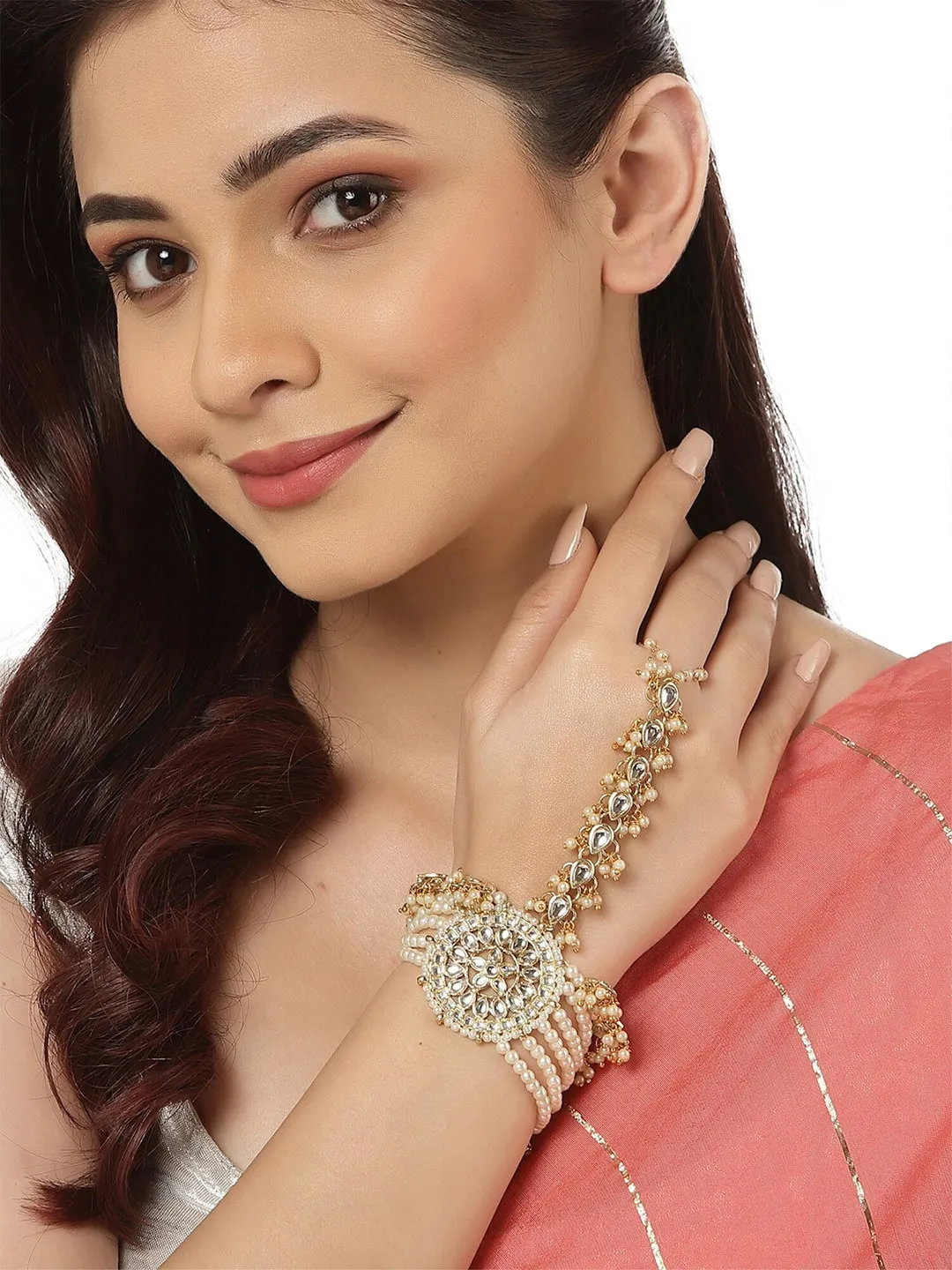 Women Gold-Toned & White Kundan Handcrafted Gold-Plated Hathphool