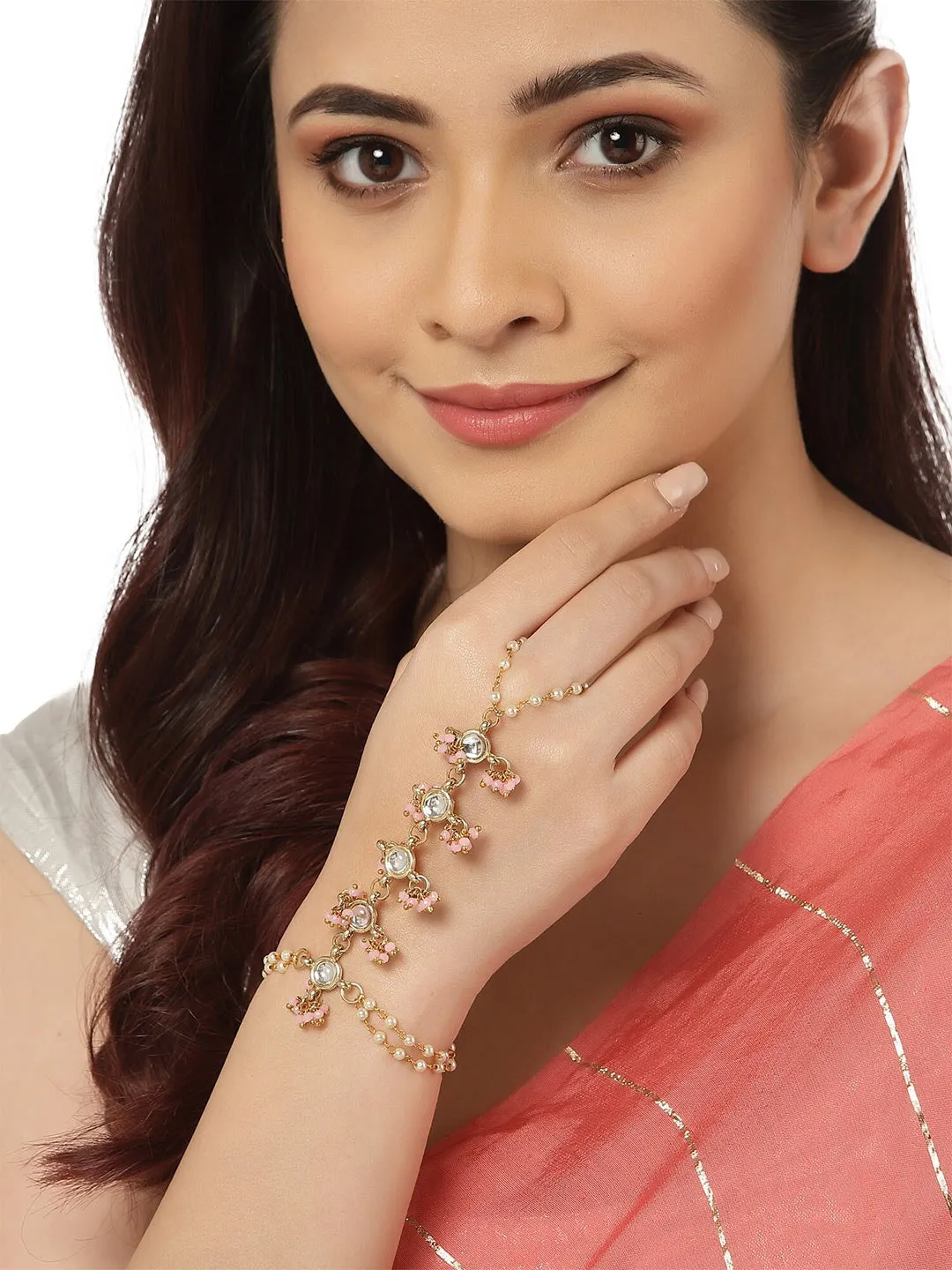 Women Pink Kundan Gold-Plated Hathphool