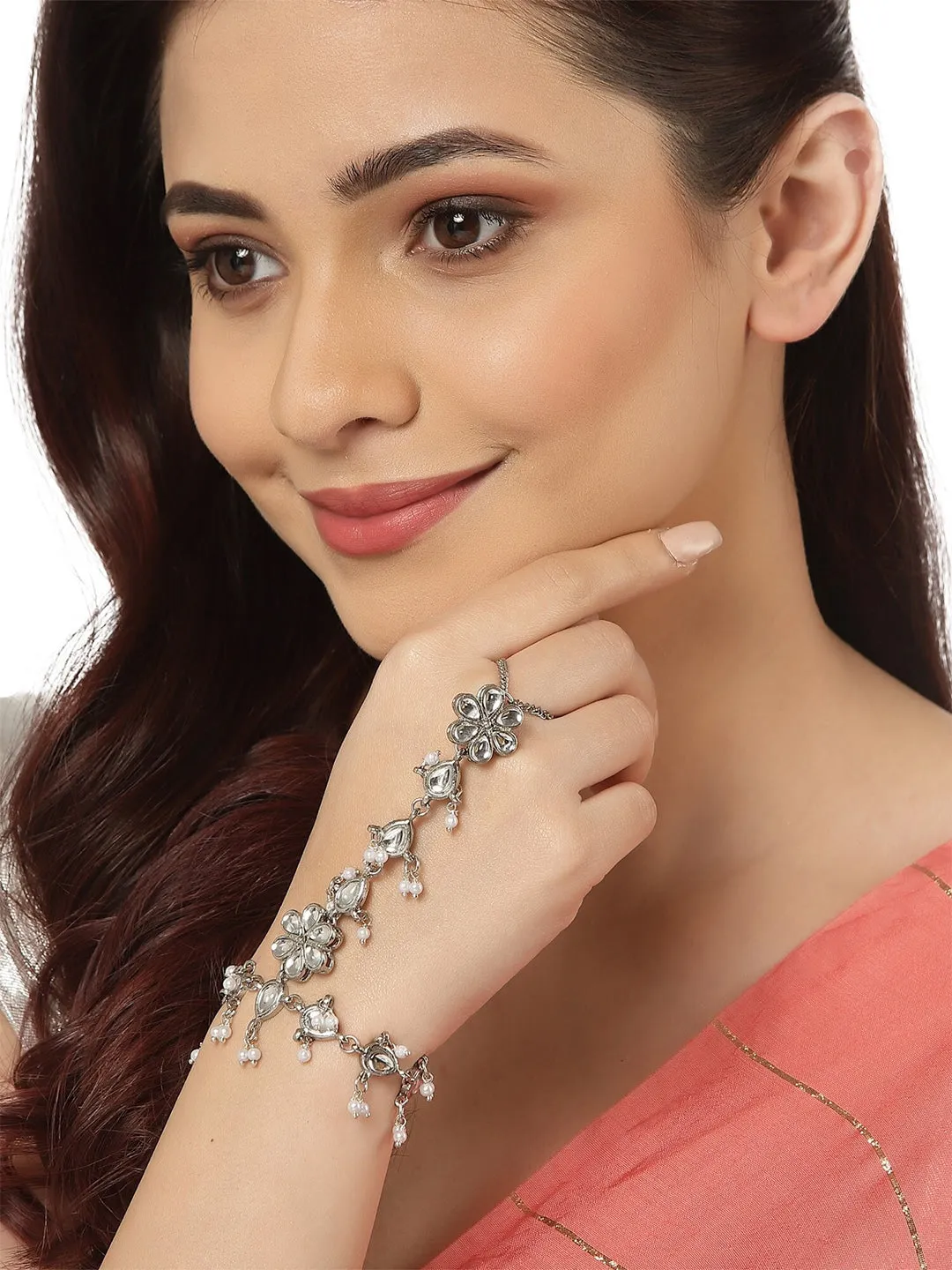 Women Silver-Plated Karatcart Oxidised Kundan Hathphool