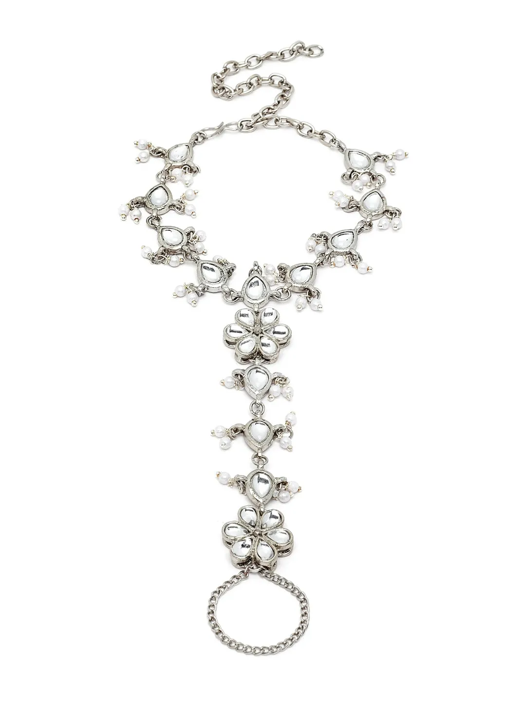 Women Silver-Plated Karatcart Oxidised Kundan Hathphool