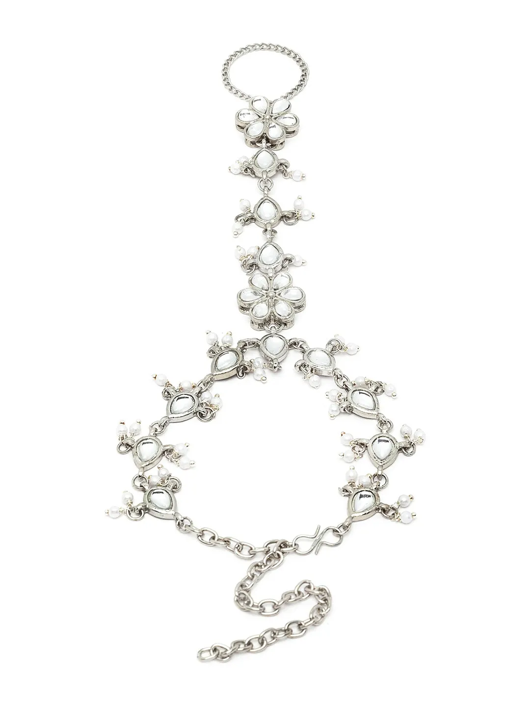 Women Silver-Plated Karatcart Oxidised Kundan Hathphool