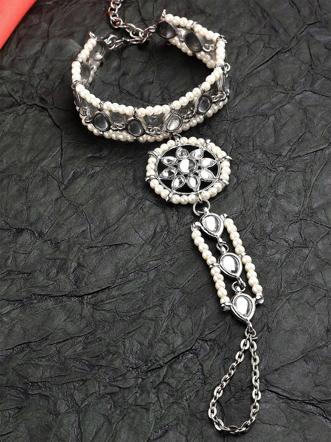 Women Silver-Toned & White Kundan Oxidised Silver-Plated Hathphool