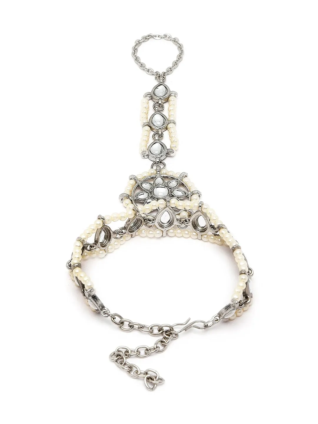 Women Silver-Toned & White Kundan Oxidised Silver-Plated Hathphool