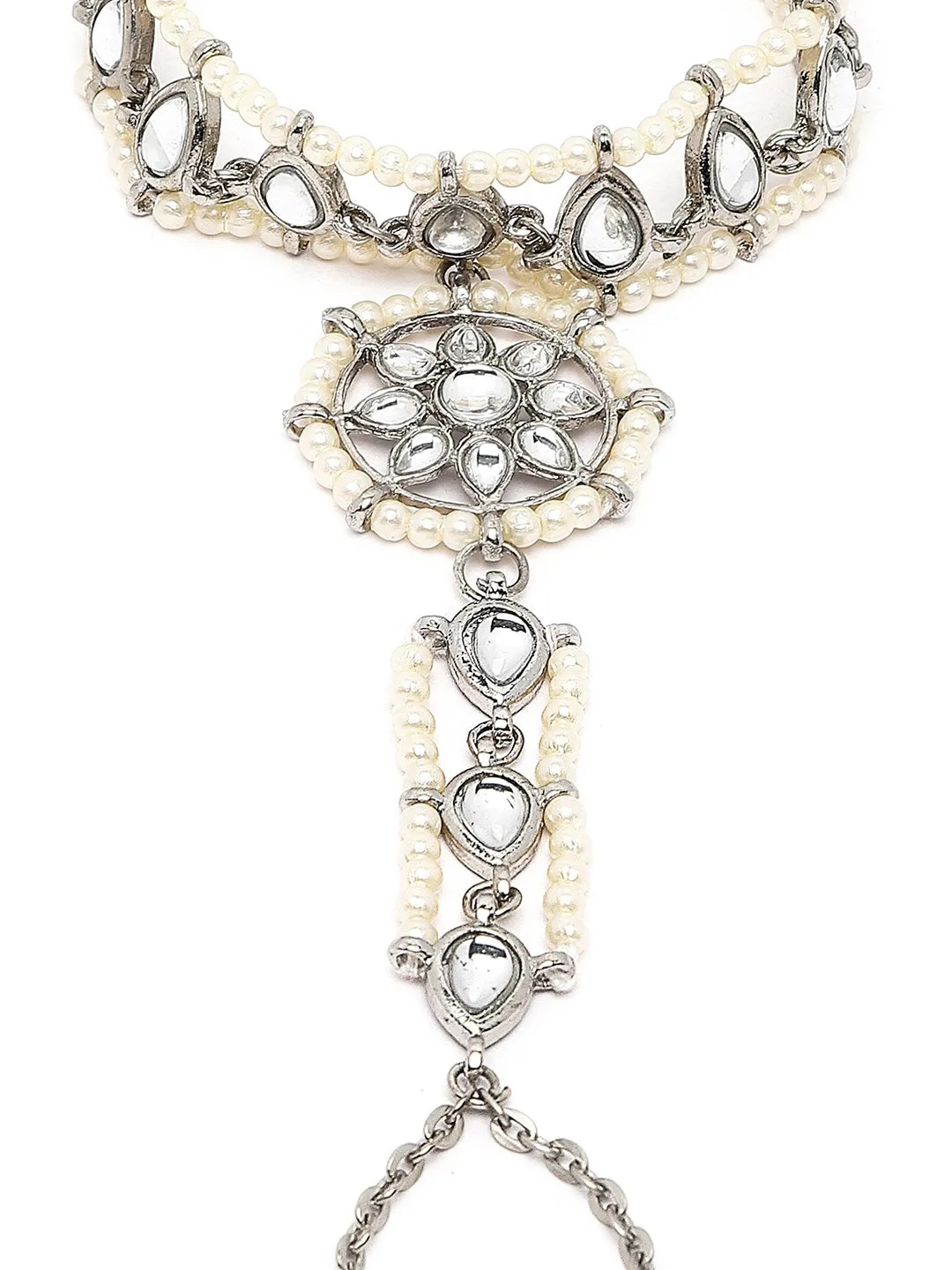 Women Silver-Toned & White Kundan Oxidised Silver-Plated Hathphool