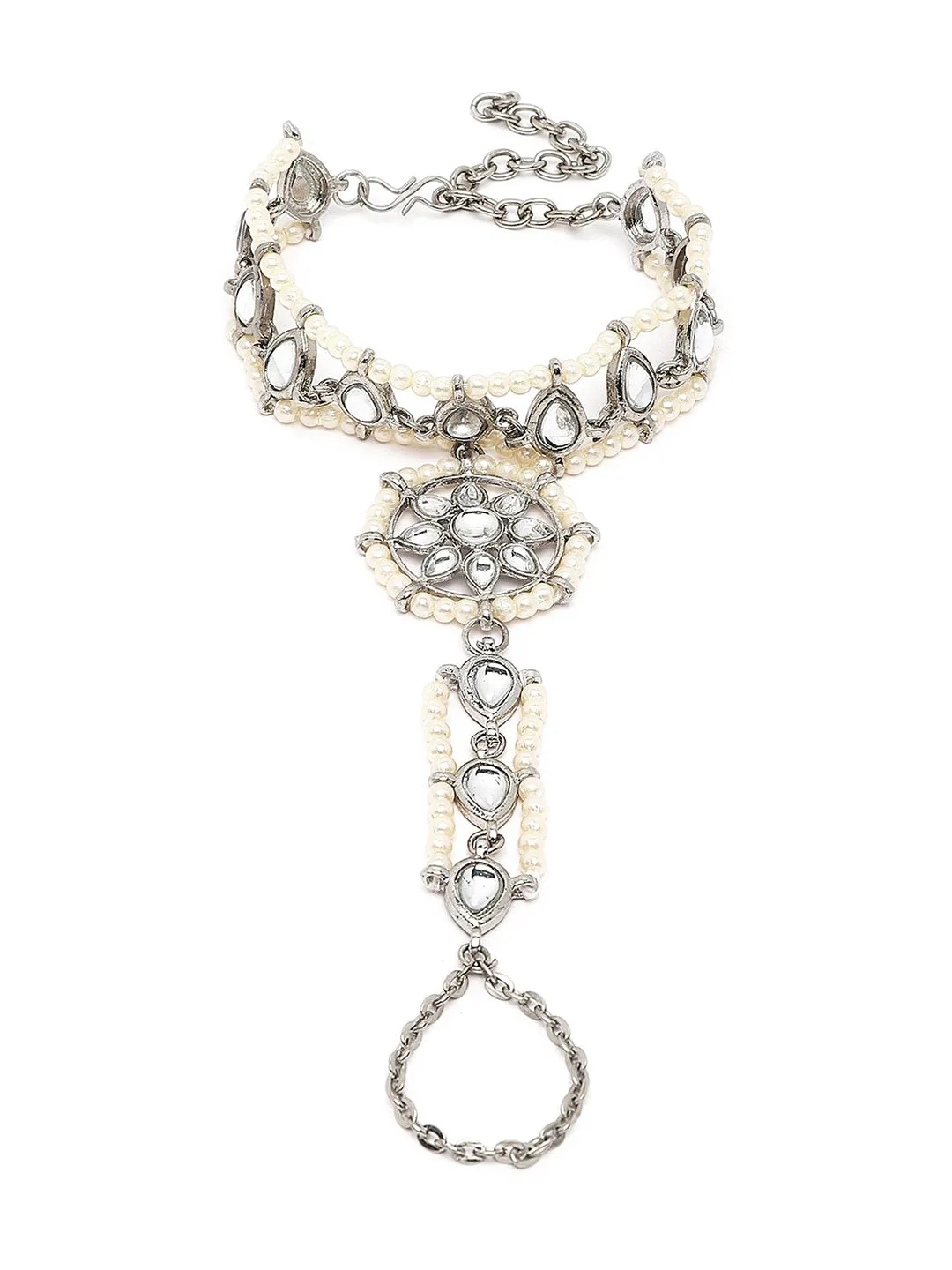 Women Silver-Toned & White Kundan Oxidised Silver-Plated Hathphool