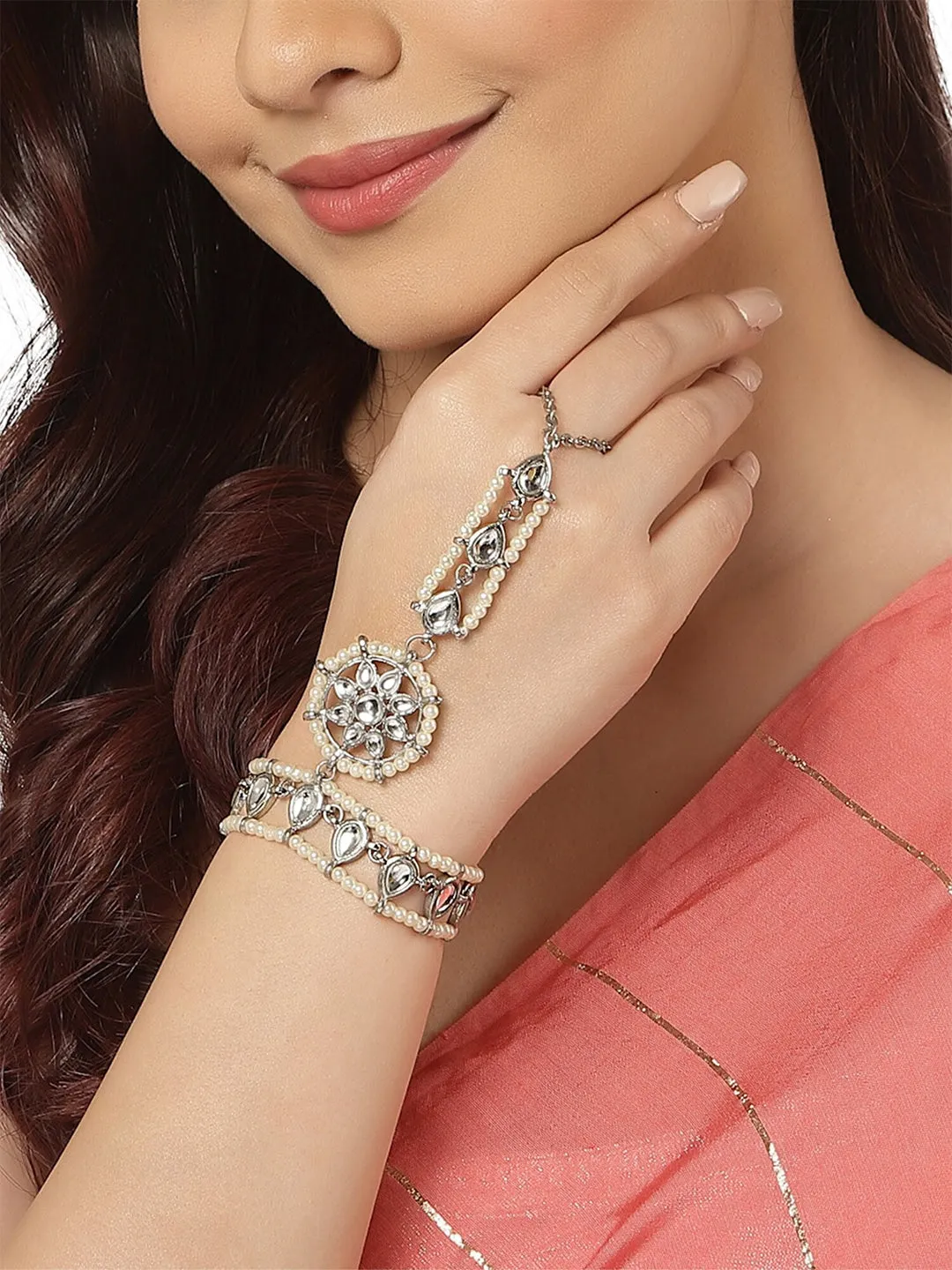 Women Silver-Toned & White Kundan Oxidised Silver-Plated Hathphool