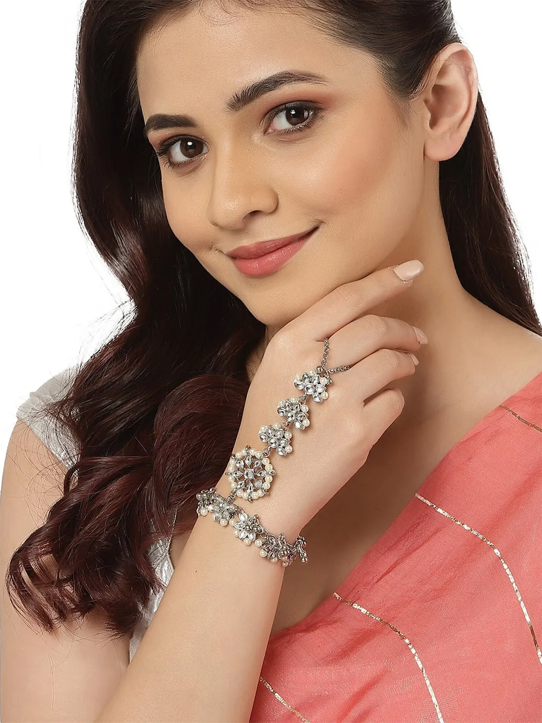 Women Silver-Toned Kundan Oxidised Silver-Plated Hathphool