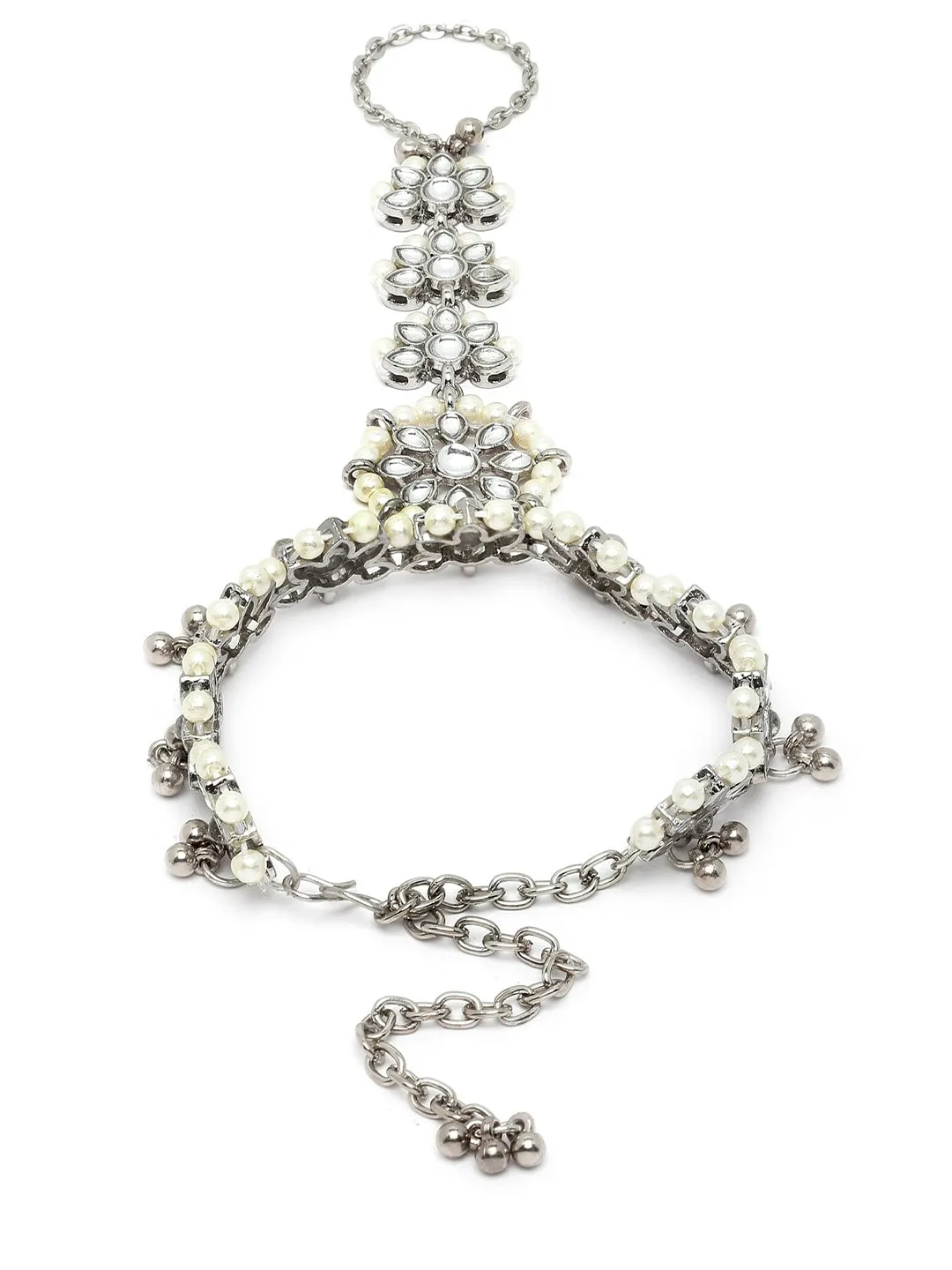 Women Silver-Toned Kundan Oxidised Silver-Plated Hathphool