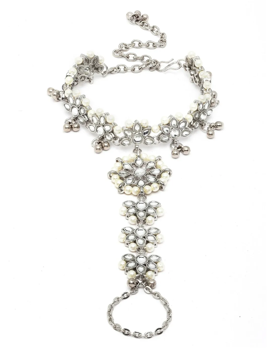 Women Silver-Toned Kundan Oxidised Silver-Plated Hathphool