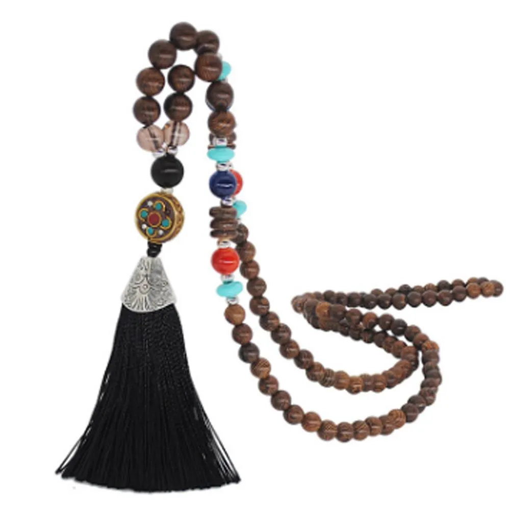 Women's Retro Ethnic Style Handmade Beaded Pendant Necklace - Black Tassel