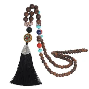 Women's Retro Ethnic Style Handmade Beaded Pendant Necklace - Black Tassel